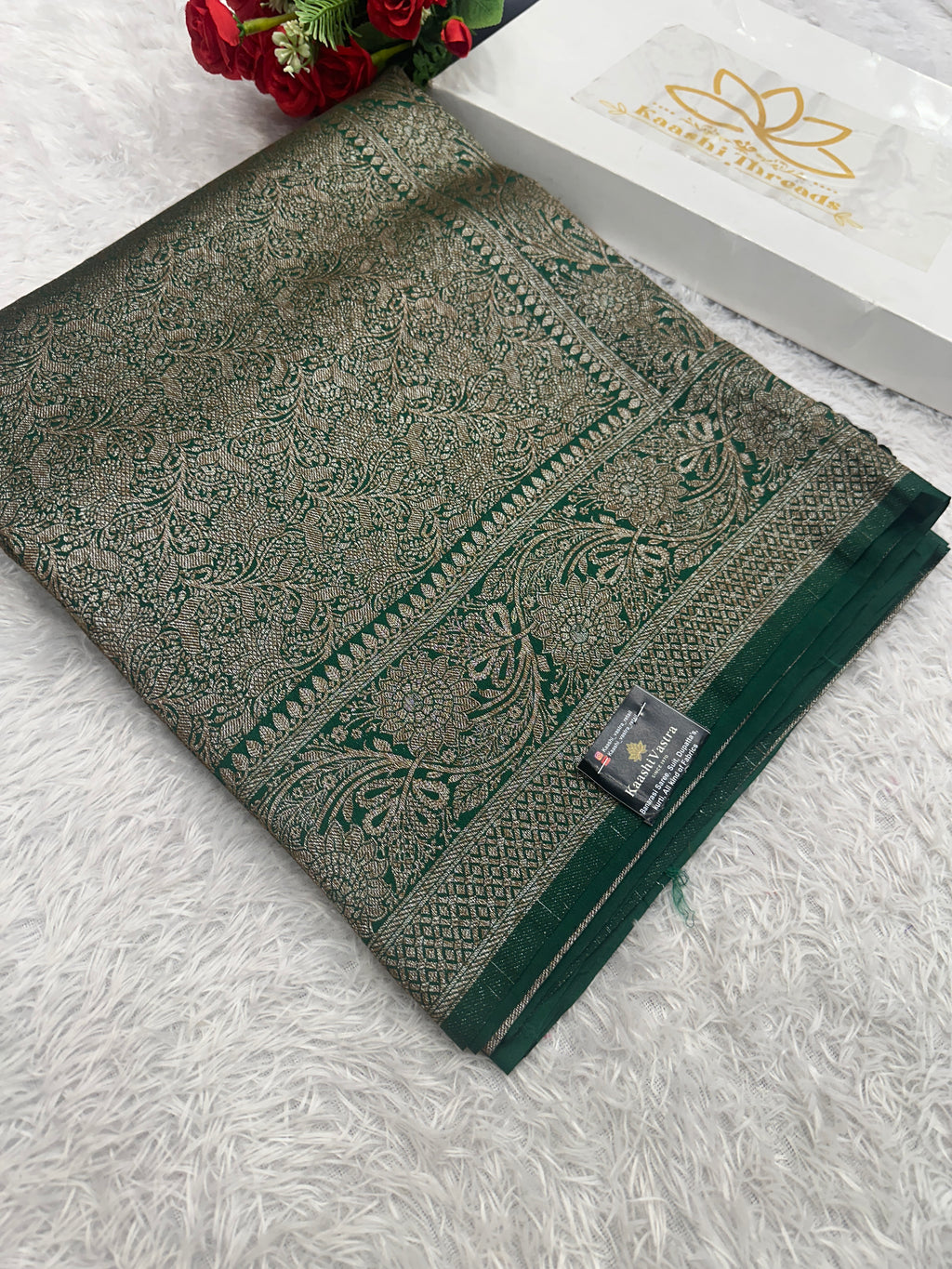 Green Banarasi Dupion Silk Saree with Embossed Antique Zari Weaving & Rich Antique Zari Pallu | STF105