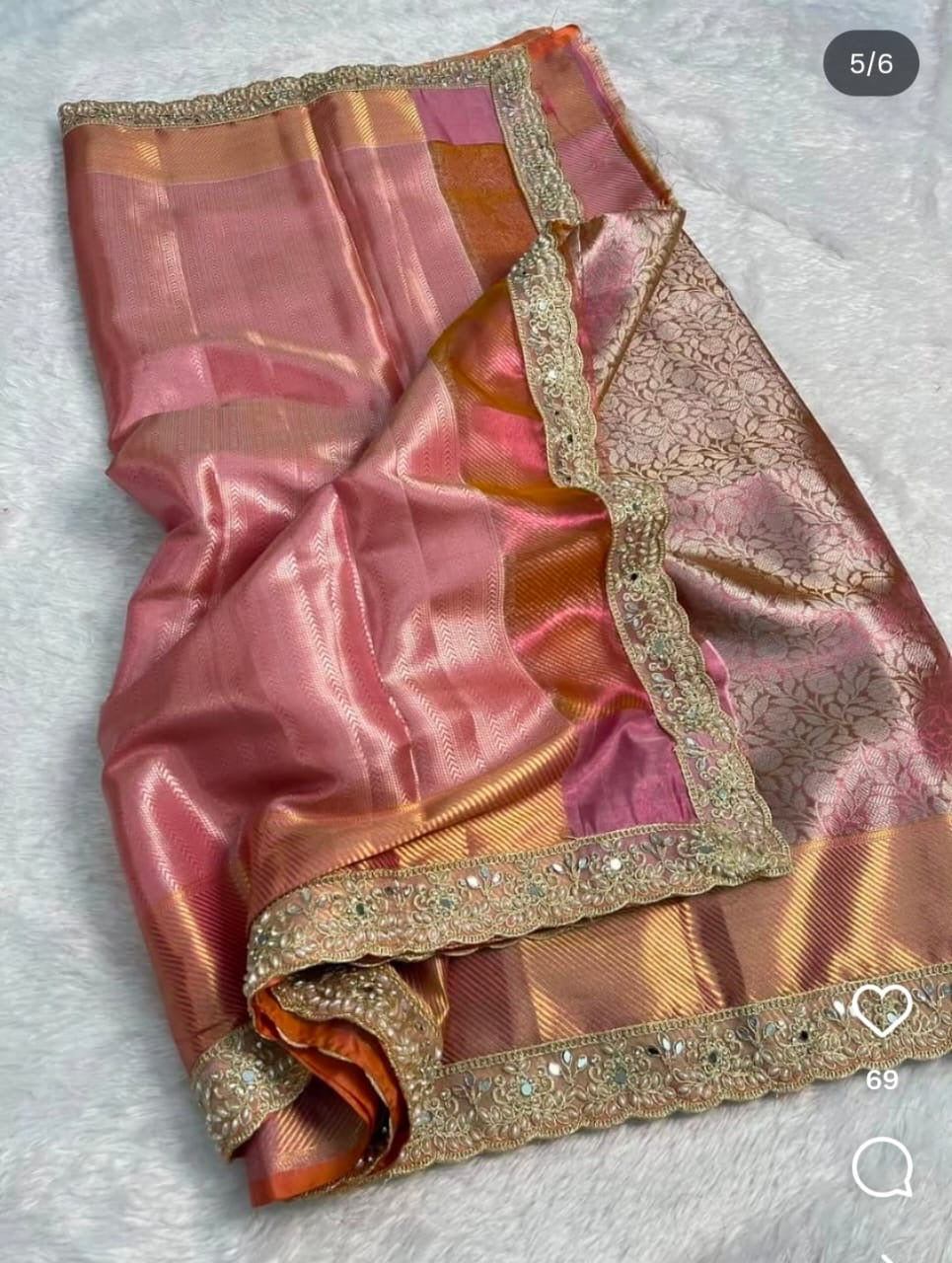 Soft Pink Banarasi Tissue Silk Saree with Golden Zari Work   TS101