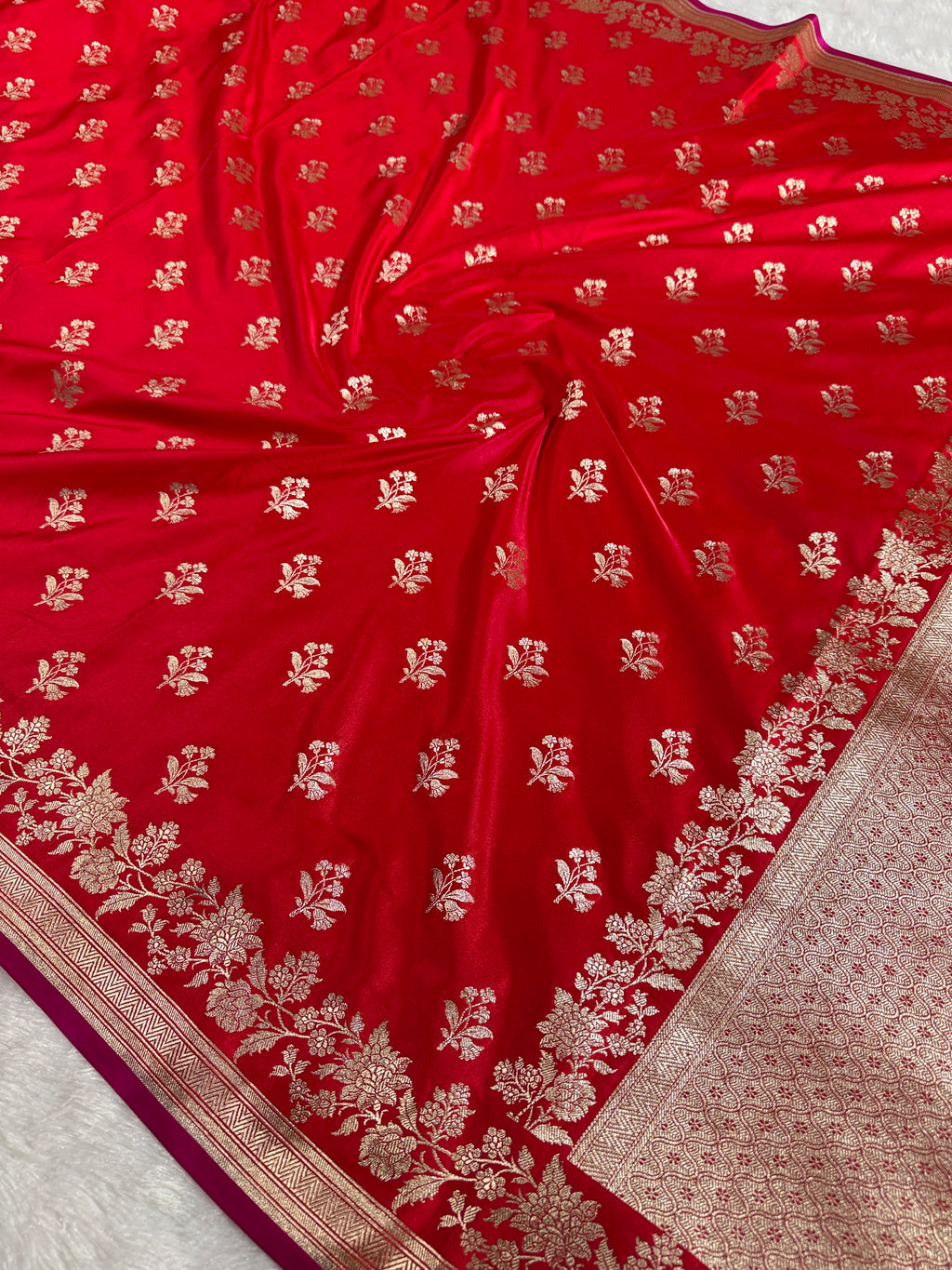 Red Banarasi Mashru Silk Saree with Leaf Buta Jacquard Woven Design