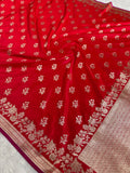 Red Banarasi Mashru Silk Saree with Leaf Buta Jacquard Woven Design MKS096