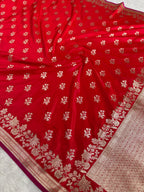 Red Banarasi Mashru Silk Saree with Leaf Buta Jacquard Woven Design MKS096