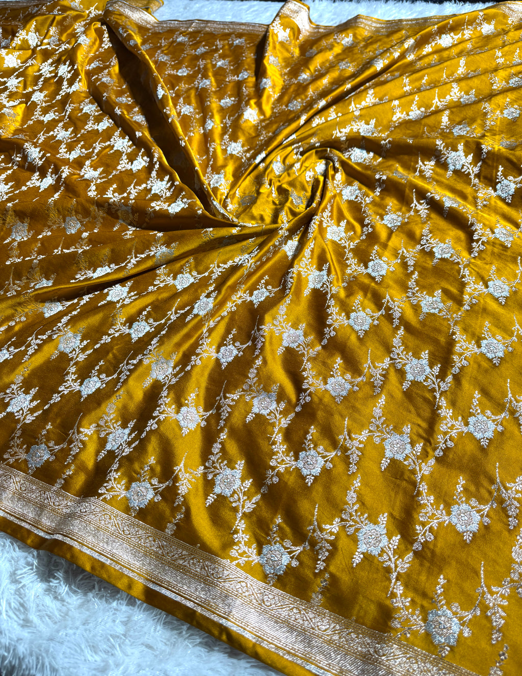 Mustard Mashru Silk Saree in Jaal Pattern MKS010