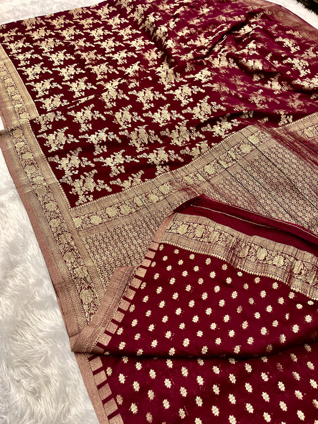 Chinon Silk Flower Design Wine Color Saree CN04