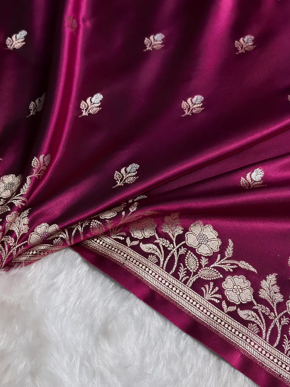 Banarasi Mashru Kataan Silk Saree Featuring Zari Rose Buta Design with Rich Zari Pallu – MKS412