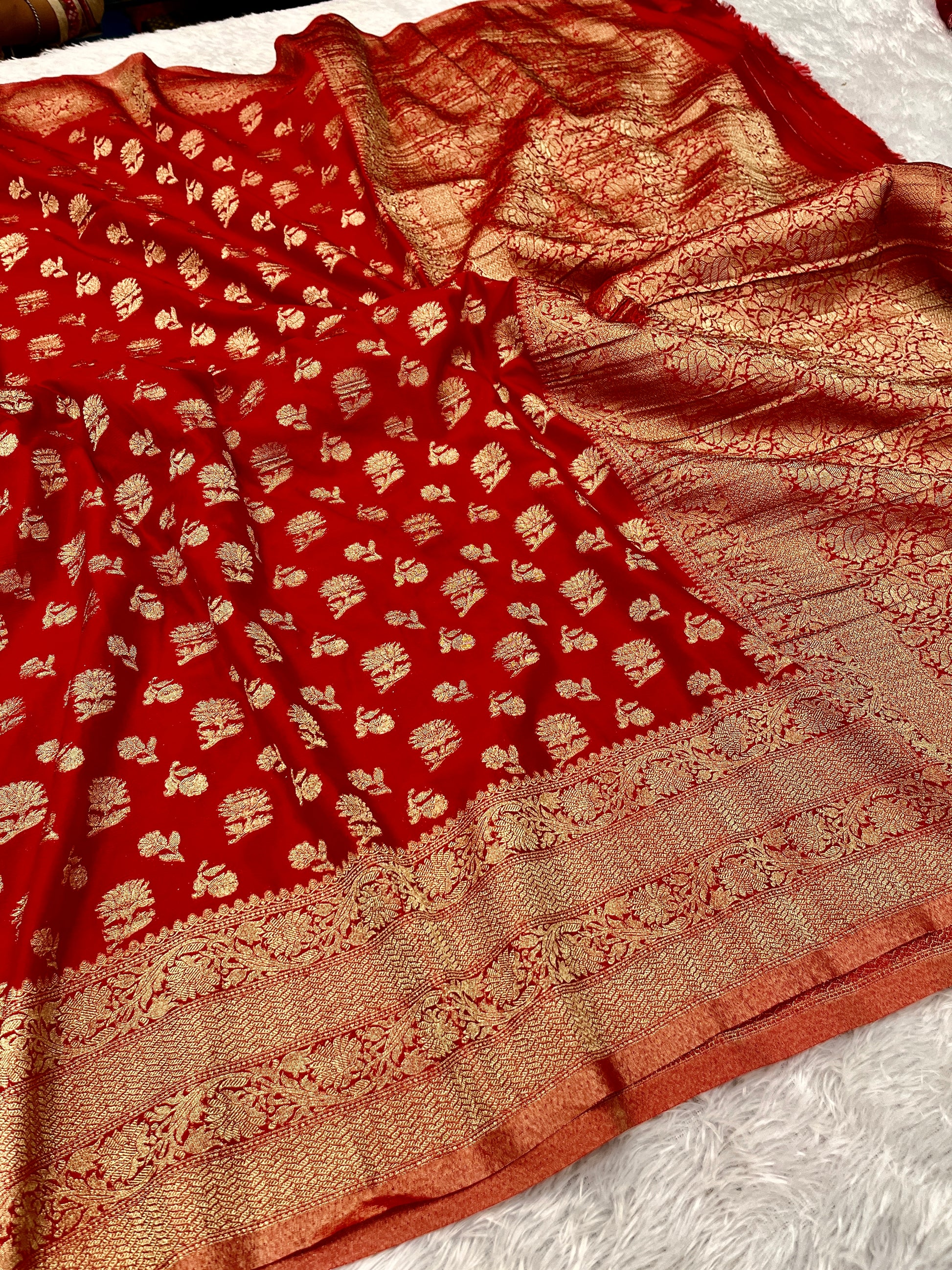 Chinon Silk Big small Buta  Design Red Color Saree CN06