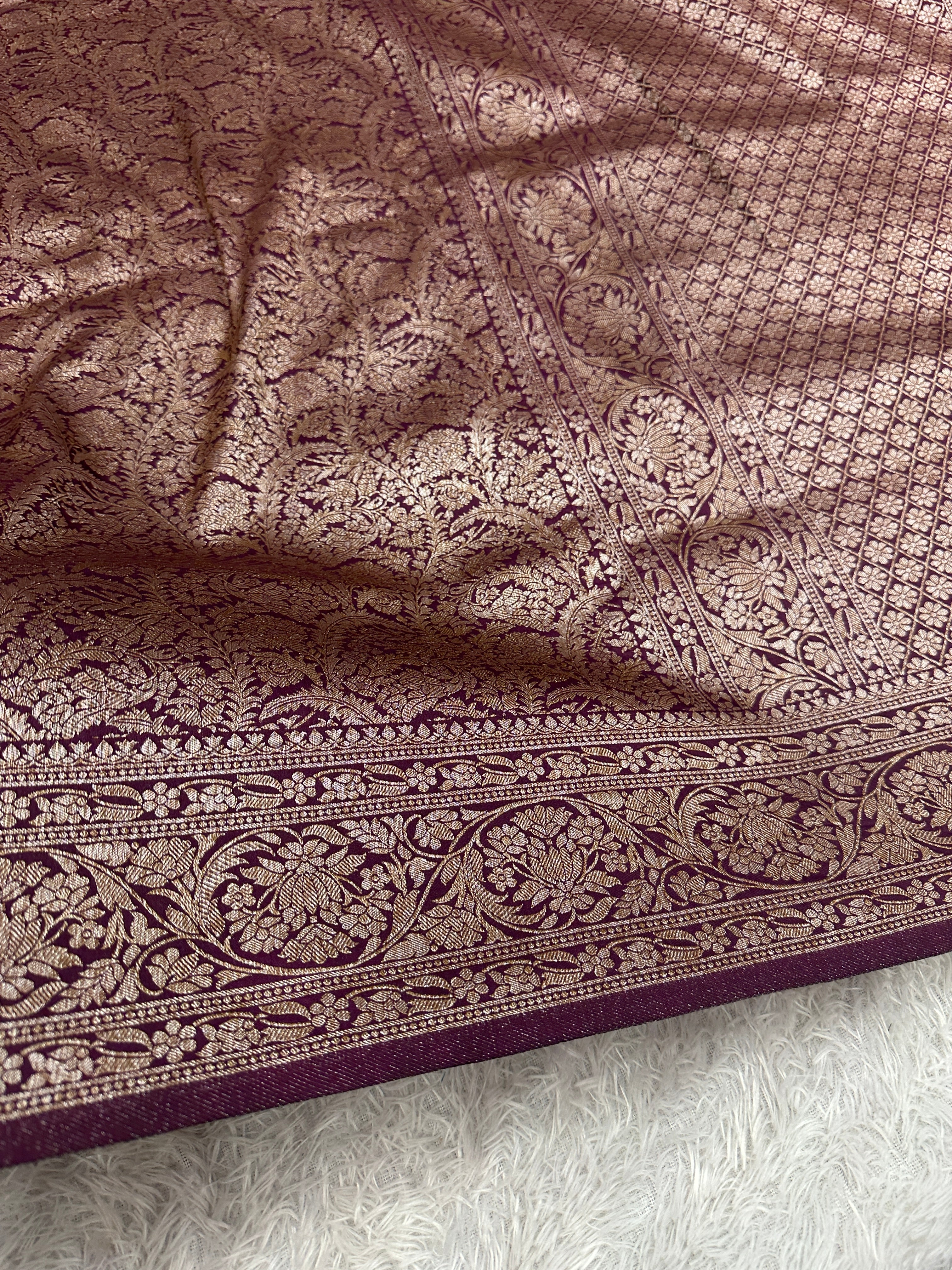 Wine Banarasi Dupion Silk Saree with Embossed Antique Zari Weaving & Rich Antique Zari Pallu | STF67
