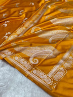 Banarasi Mashru Kataan Silk Saree Featuring Flower Buta Design with Ikkat Border and Zari Pallu – MKS409