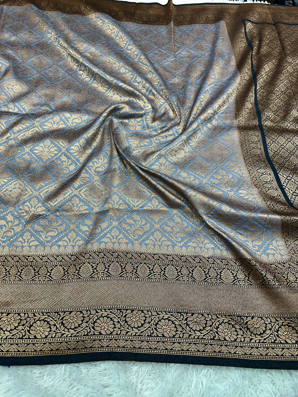 Grey & Black Contrast Banarasi Dupion Silk Saree with Embossed Antique Zari Weaving & Rich Antique Zari Pallu | STF63