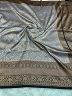 Grey & Black Contrast Banarasi Dupion Silk Saree with Embossed Antique Zari Weaving & Rich Antique Zari Pallu | STF63