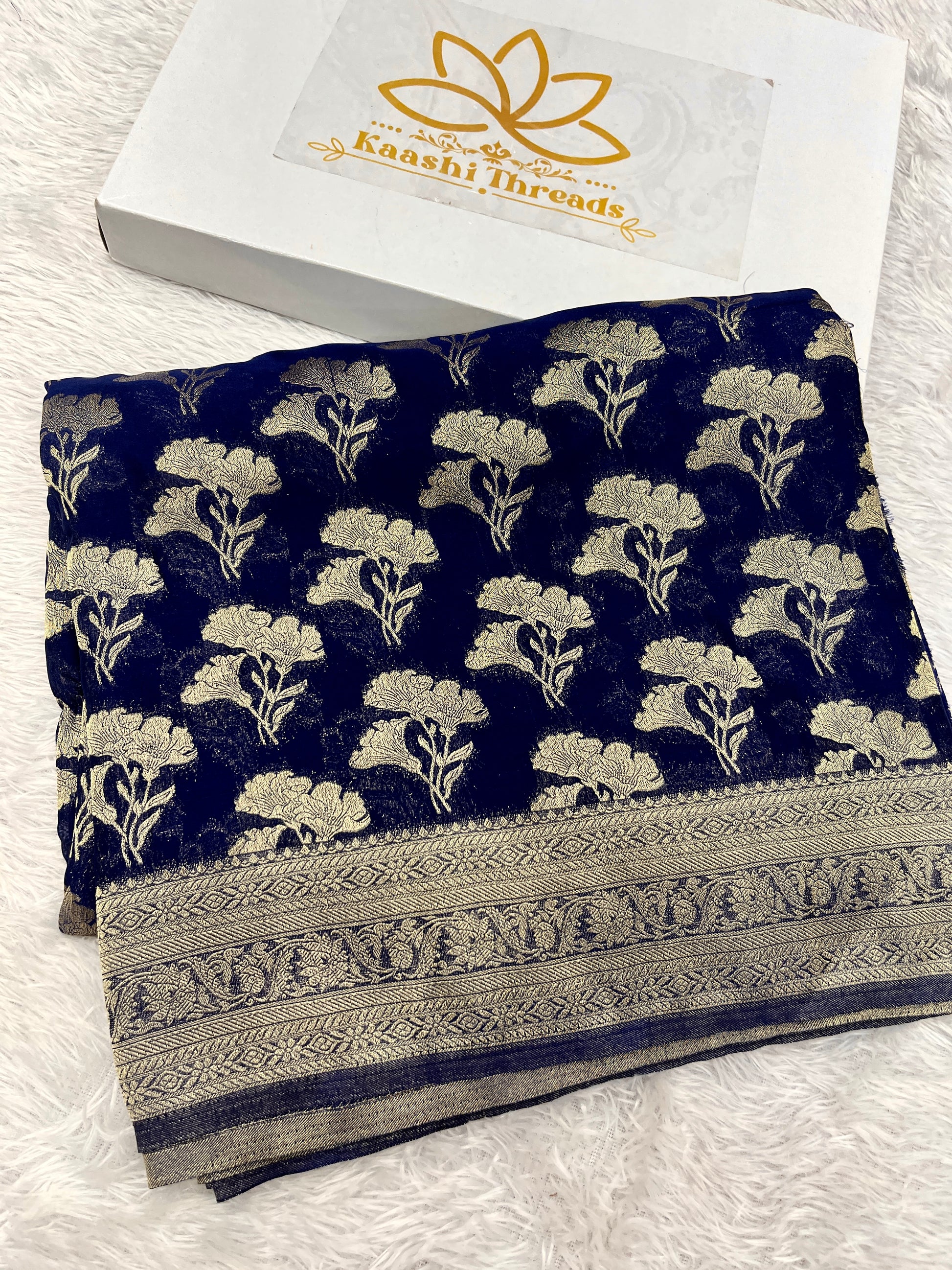 Chinon Silk Dual Flower Design Navy Blue Color Saree CN05