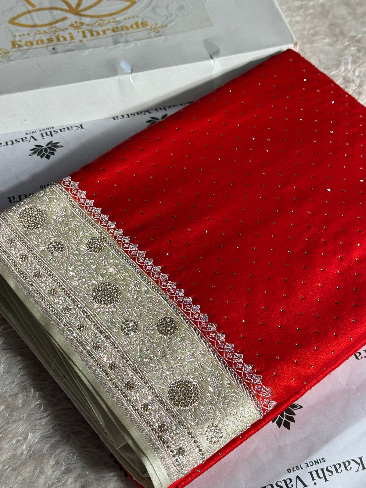 Red & Cream Mashru Saatan Silk Saree with All-Over Swarovski Stone Work – MKS834