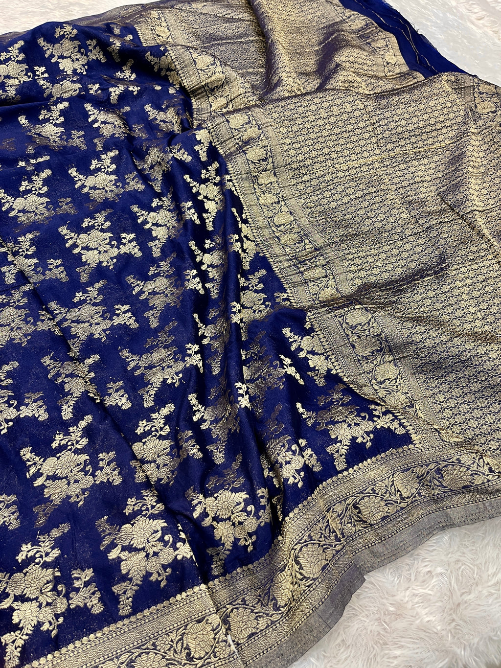 Chinon Silk Flower Design Navy Blue Color Saree CN04