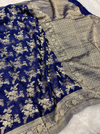 Chinon Silk Flower Design Navy Blue Color Saree CN04