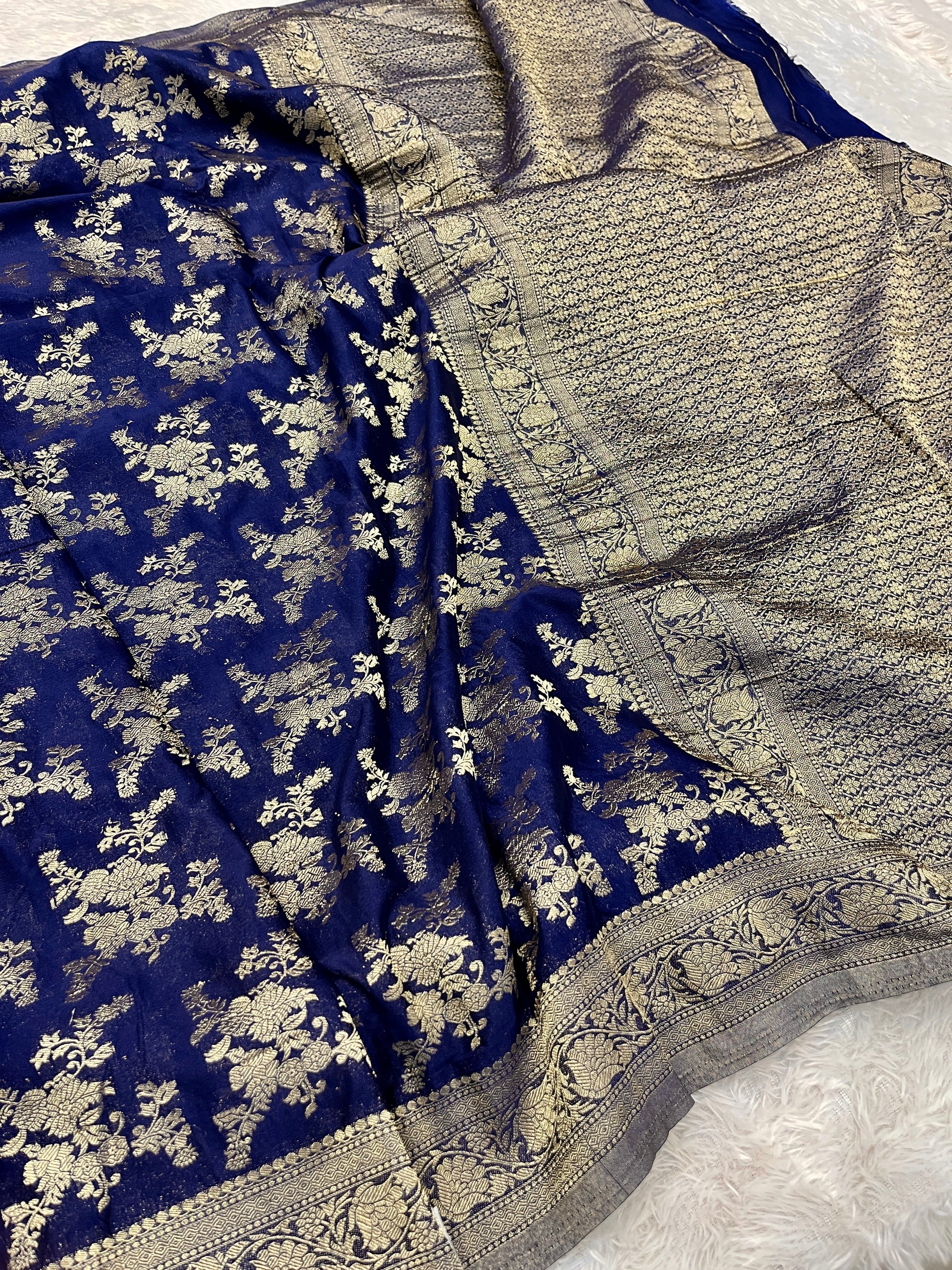 Chinon Silk Flower Design Navy Blue Color Saree CN04