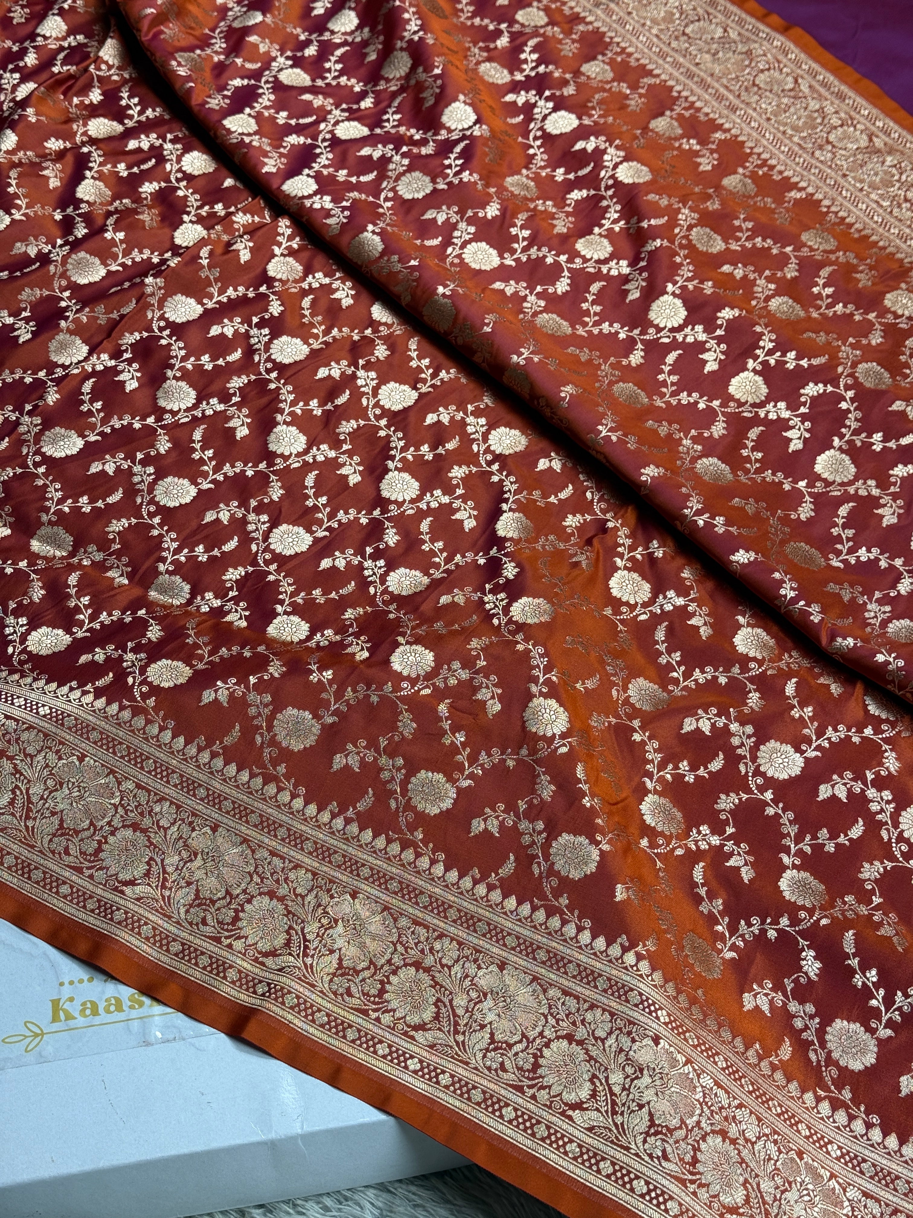 Rust Red Jangla Woven Mashru Kataan Silk Banarasi Saree with Rich Jacquard Pallu – MKS502 | Kaashi Threads