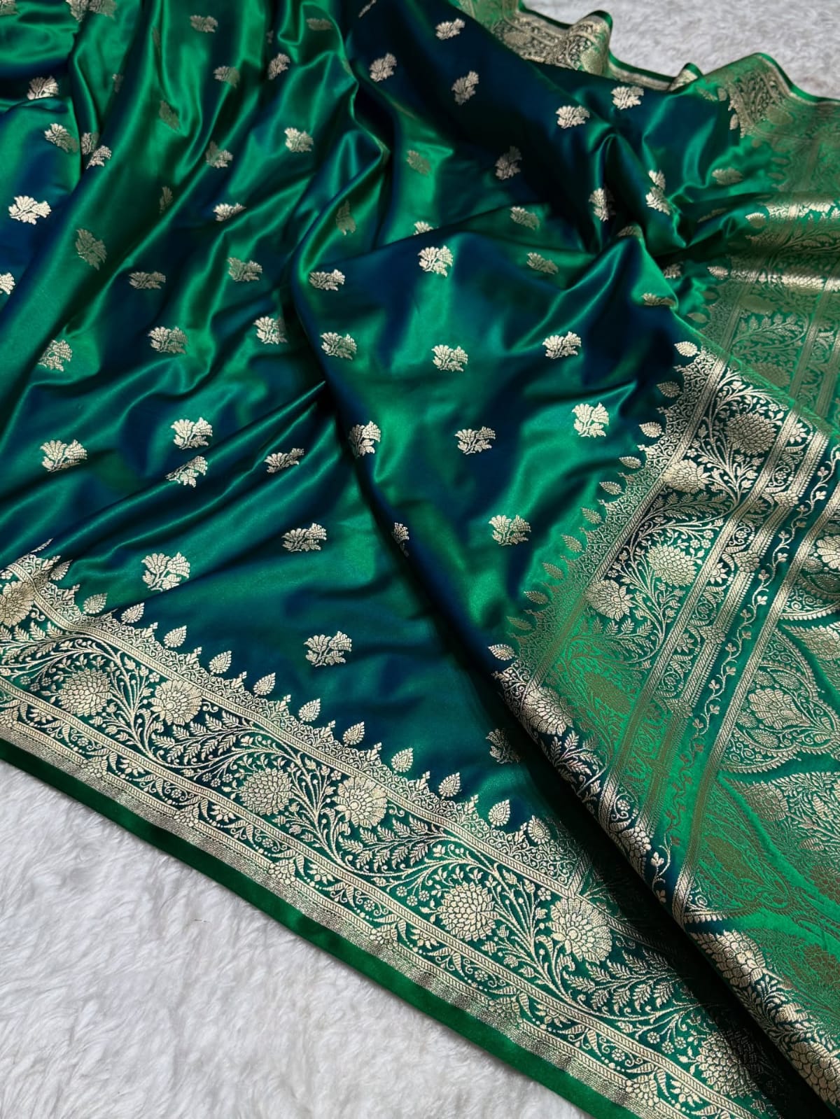 Banarasi Mashru Kataan Silk Saree Featuring Fancy Buta Pattern with Ikkat Border & Zari Pallu – MKS408