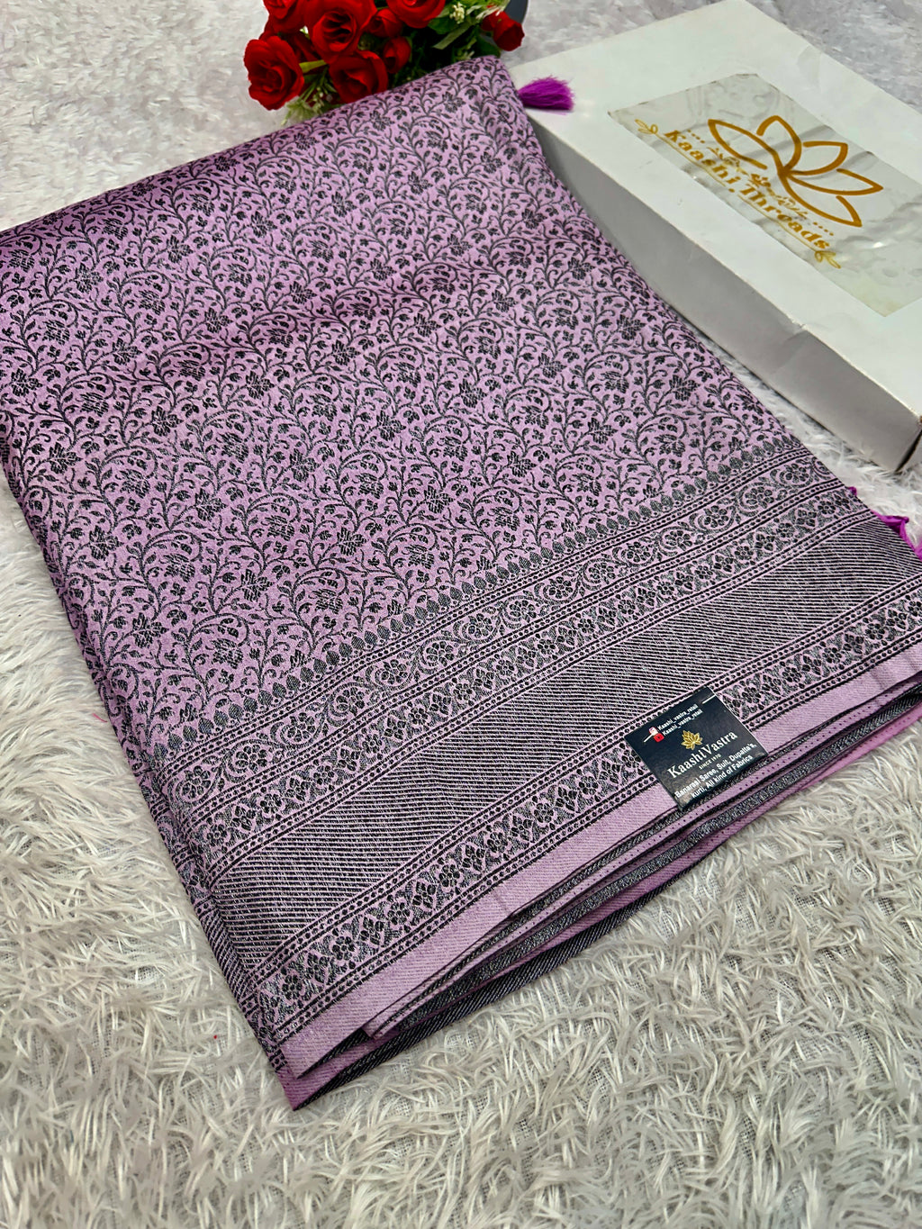 STF52 – Graceful Lavender Dupion Saree with All-Over Floral Woven Designs