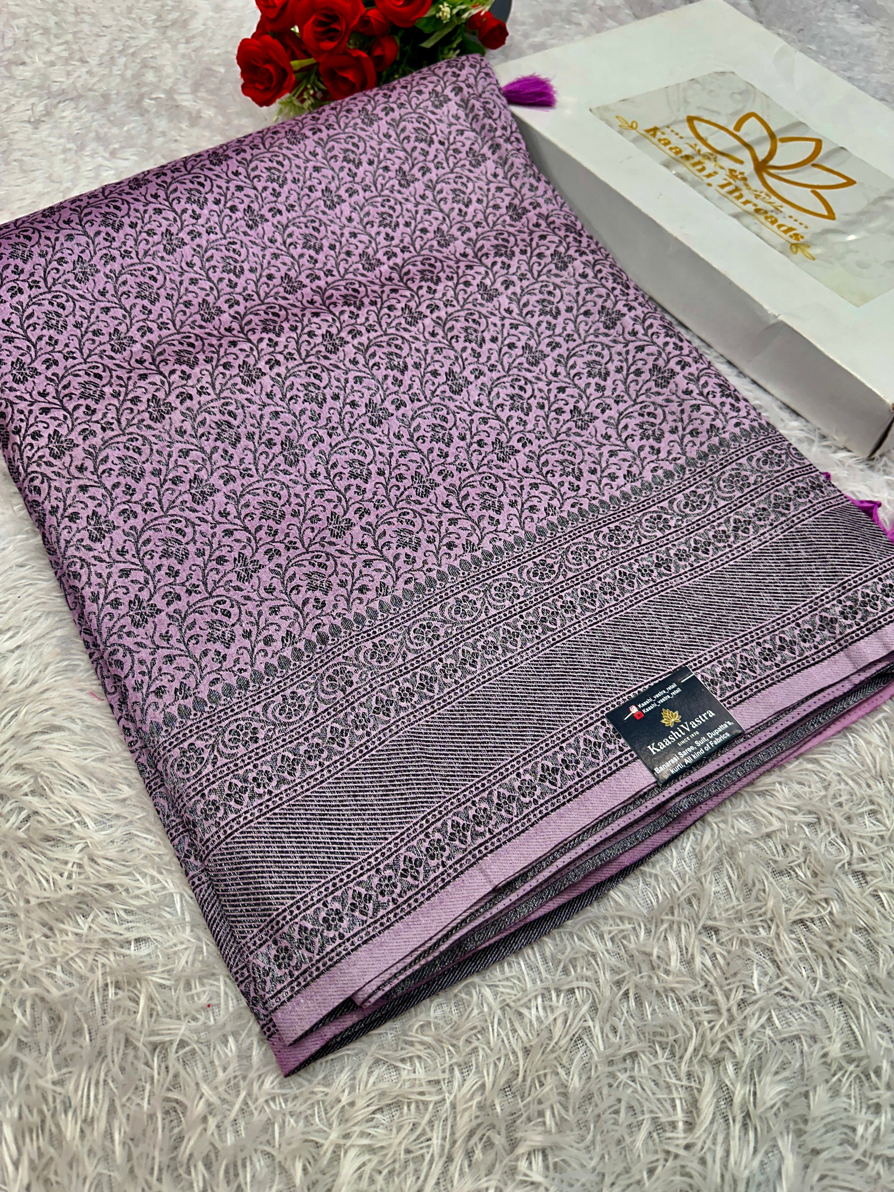 STF52 – Graceful Lavender Dupion Saree with All-Over Floral Woven Designs