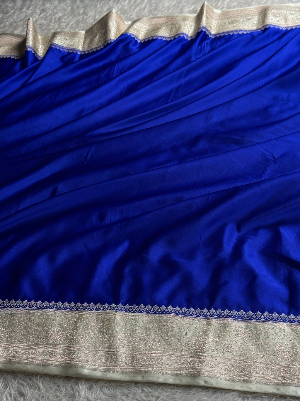 Royal Blue Mashru Kataan Silk Banarasi Saree with Beige Zari Border | MKS74