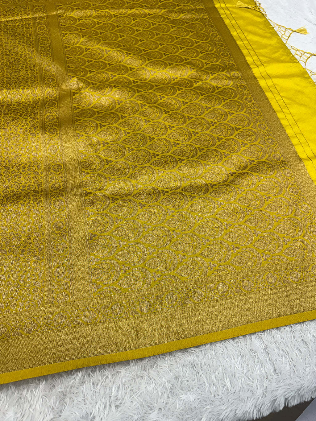 Lemon Yellow Banarasi Dupion Silk Saree with Embossed Antique Zari Weaving & Rich Antique Zari Pallu | STF82