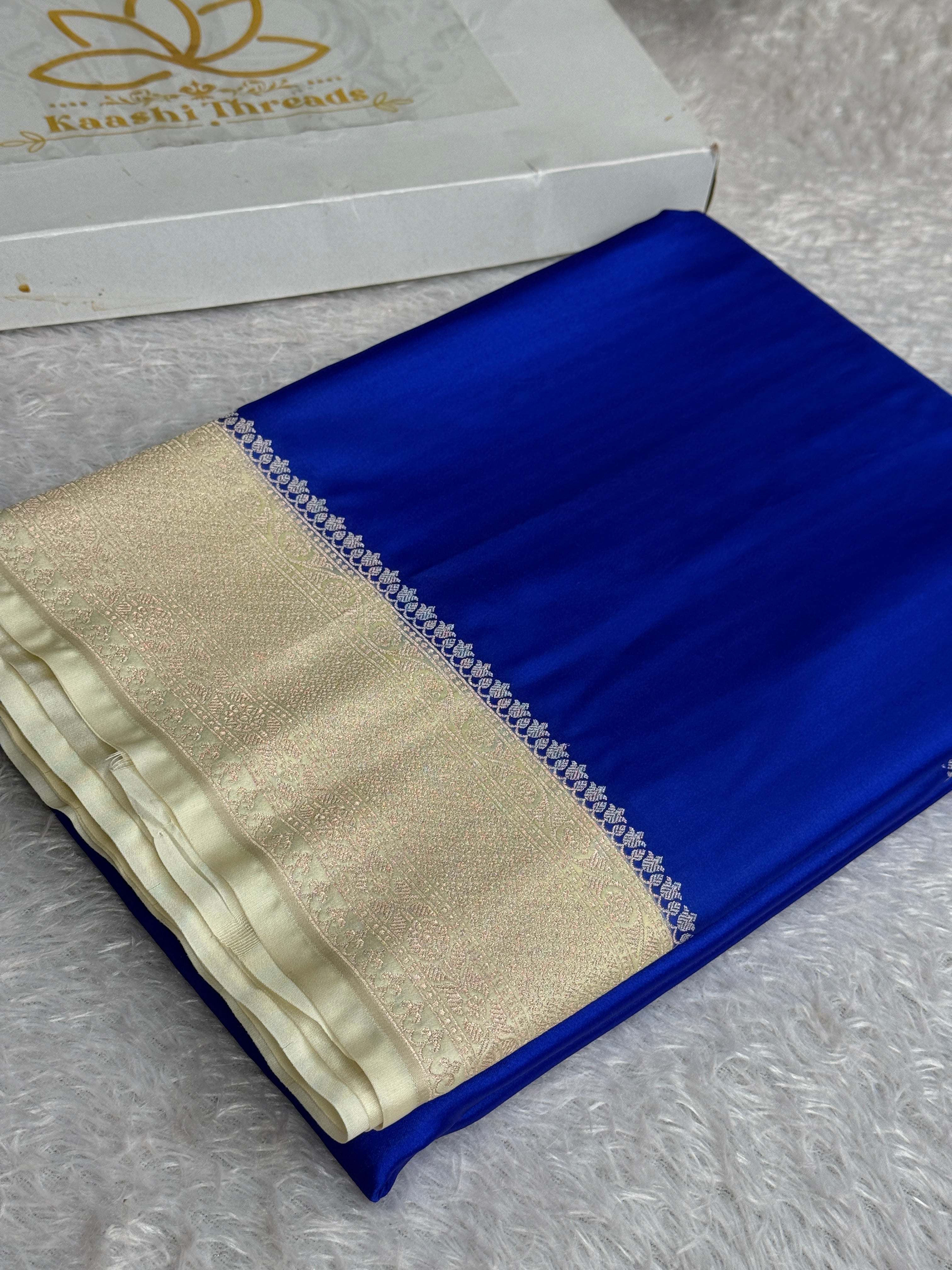Mashru Kataan Silk Banarasi Saree – Blue with Cream Contrast | MKS709