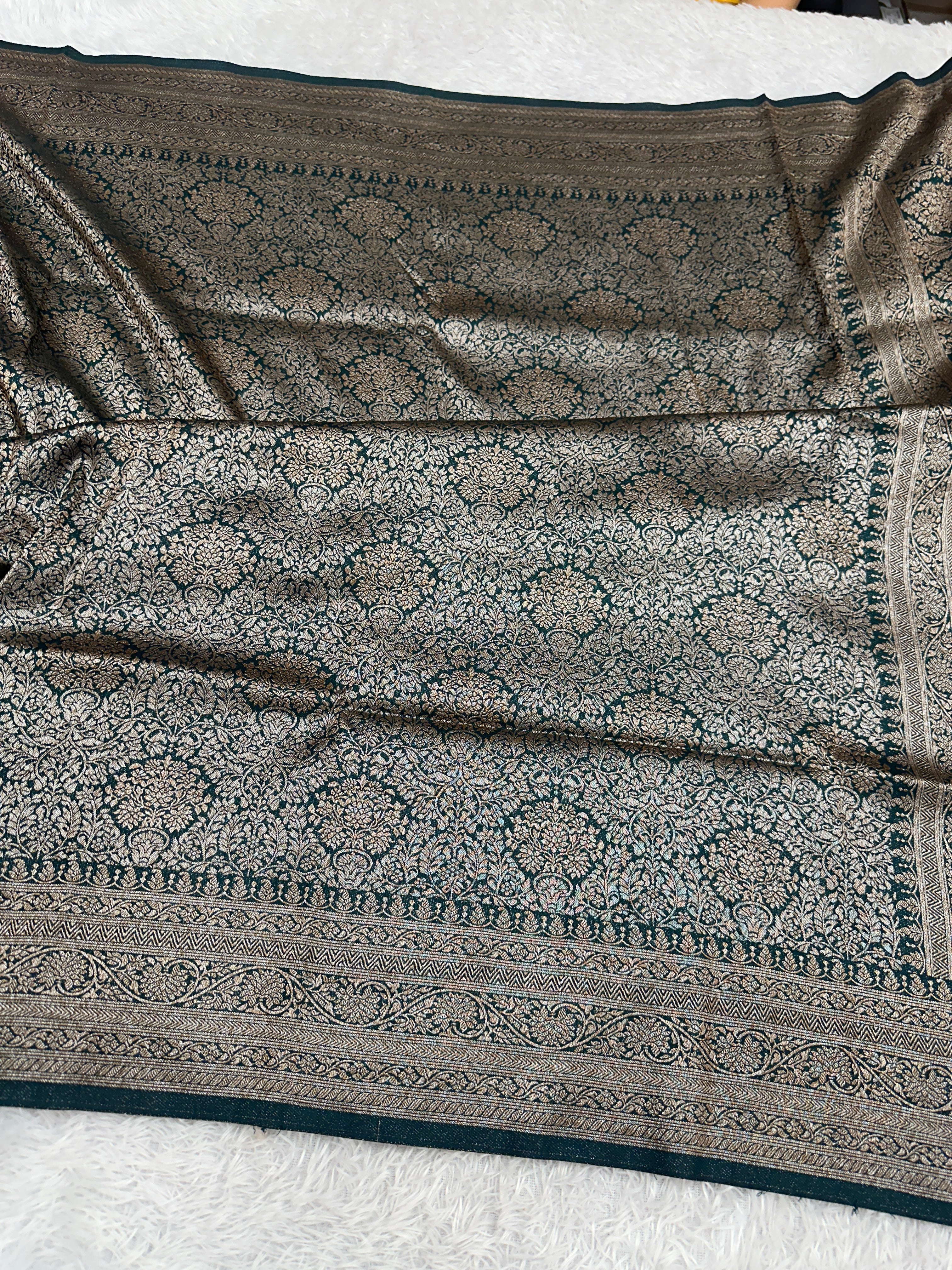 Bottle Green Banarasi Dupion Silk Saree with Embossed Antique Zari Weaving & Rich Antique Zari Pallu | STF78
