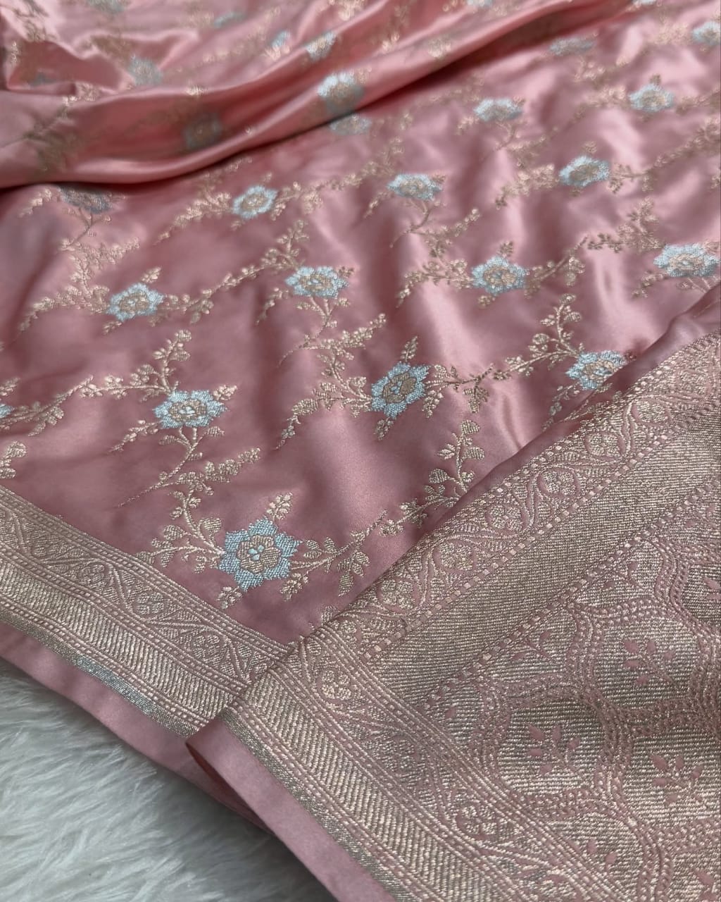 Banarasi Mashru Kataan Silk Saree Featuring Jaal Weave with Silver Zari Meena Work & Rich Pallu – MKS414
