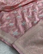 Banarasi Mashru Kataan Silk Saree Featuring Jaal Weave with Silver Zari Meena Work & Rich Pallu – MKS414