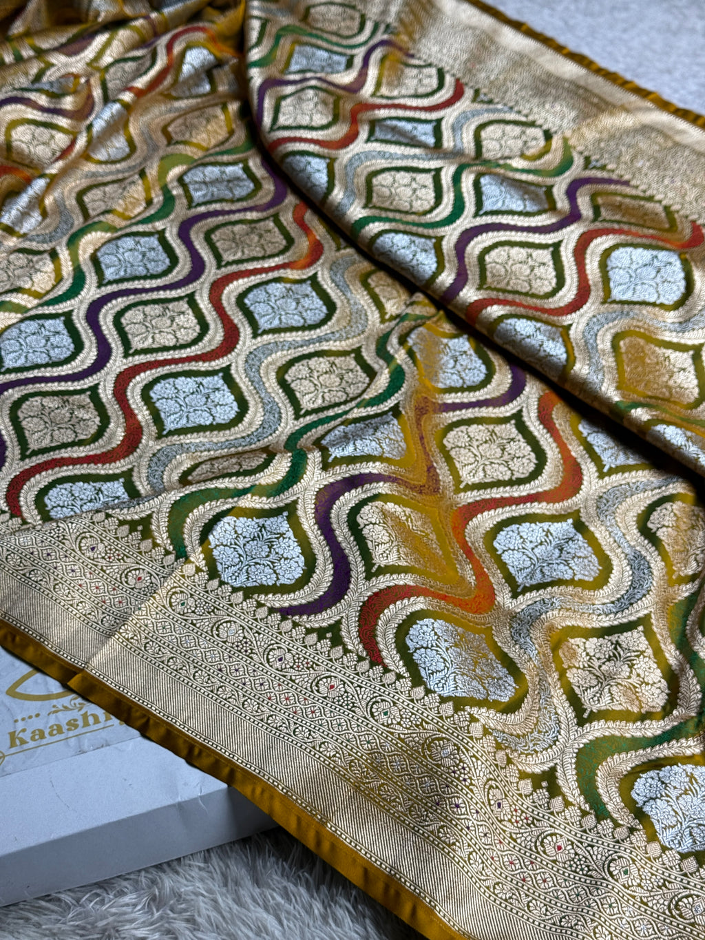 Mehndi Yellow Banarasi Mashru Silk Saree with Meena Jaal Woven Pattern – MKS307