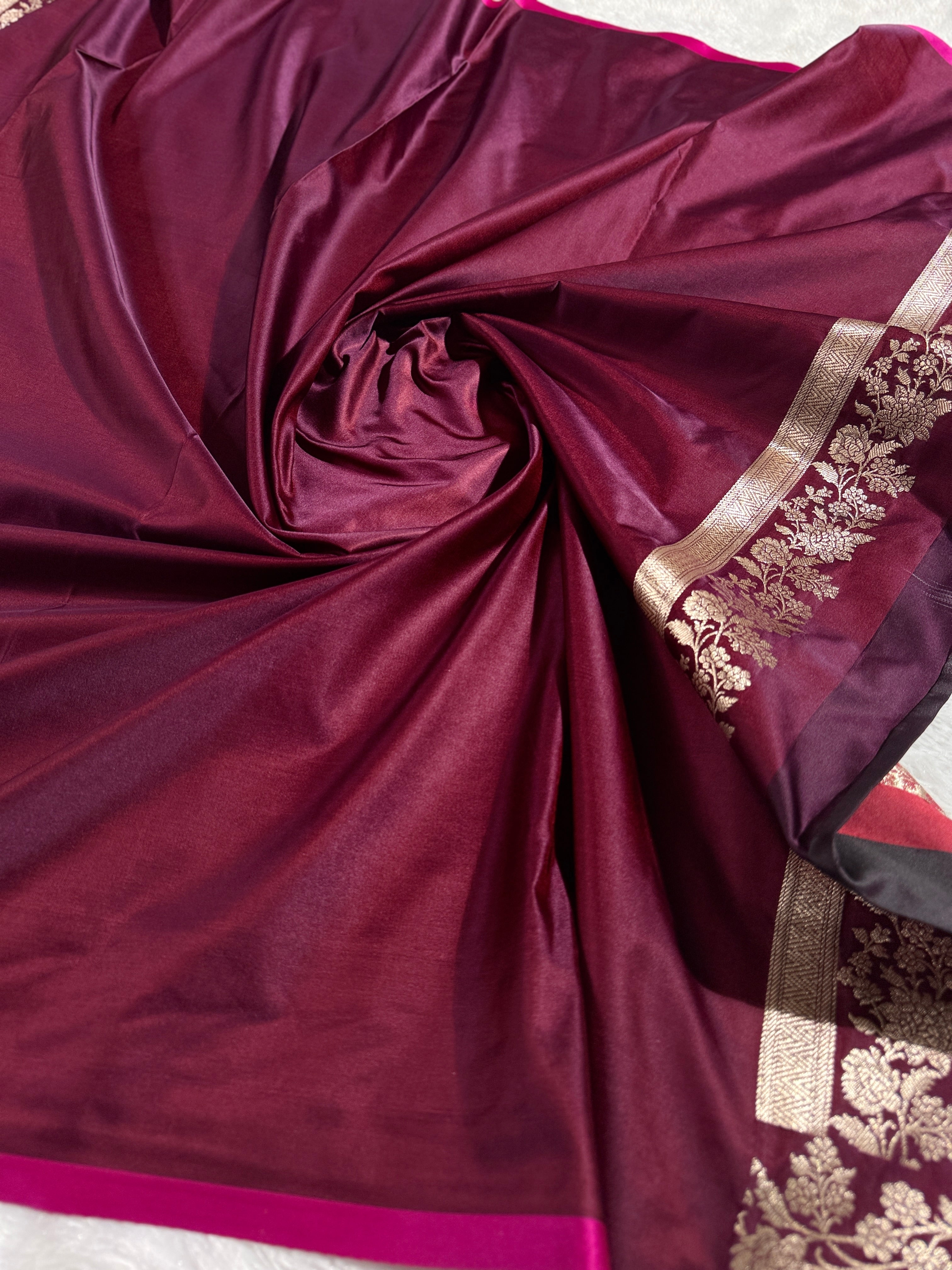 Wine Banarasi Mashru Kataan Silk Saree with Jacquard Woven Flower Zari Buta & Rupa-Sona Zari