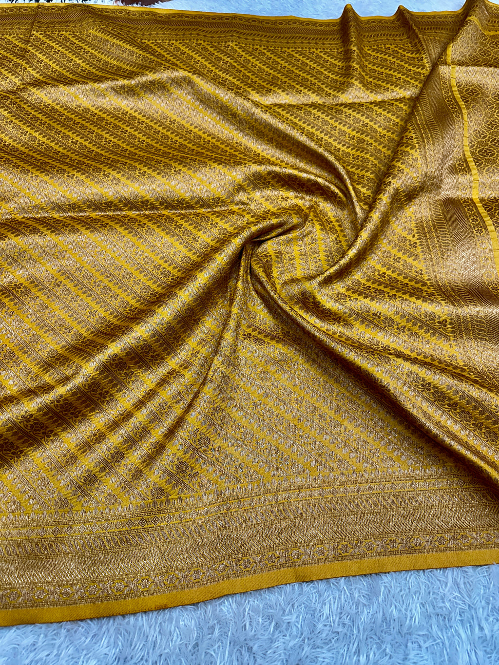 Banarasi Yellow Dupion Silk Saree with Embossed Antique Zari Weaving & Rich Antique Zari Pallu | STF57