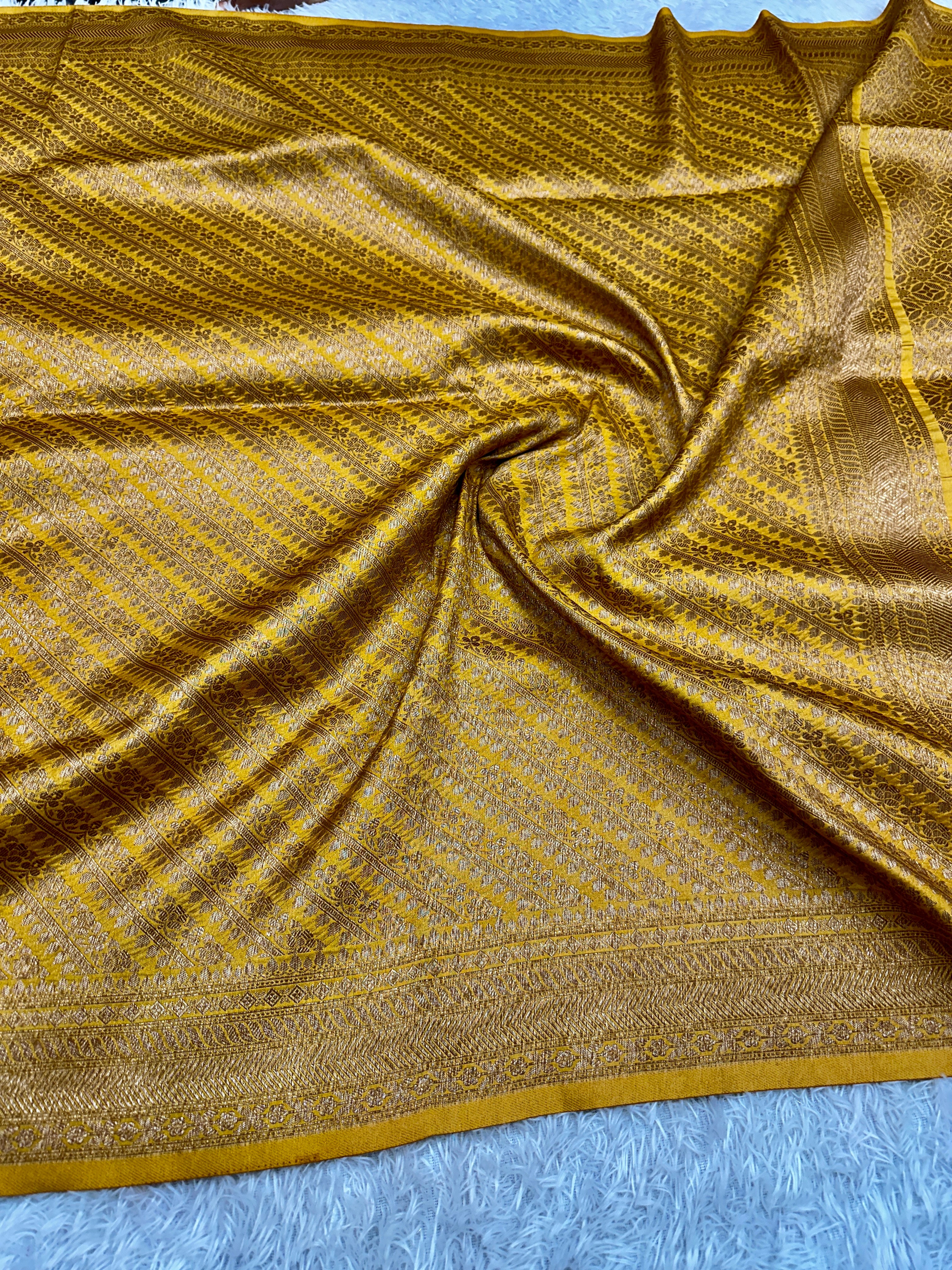 Banarasi Yellow Dupion Silk Saree with Embossed Antique Zari Weaving & Rich Antique Zari Pallu | STF57