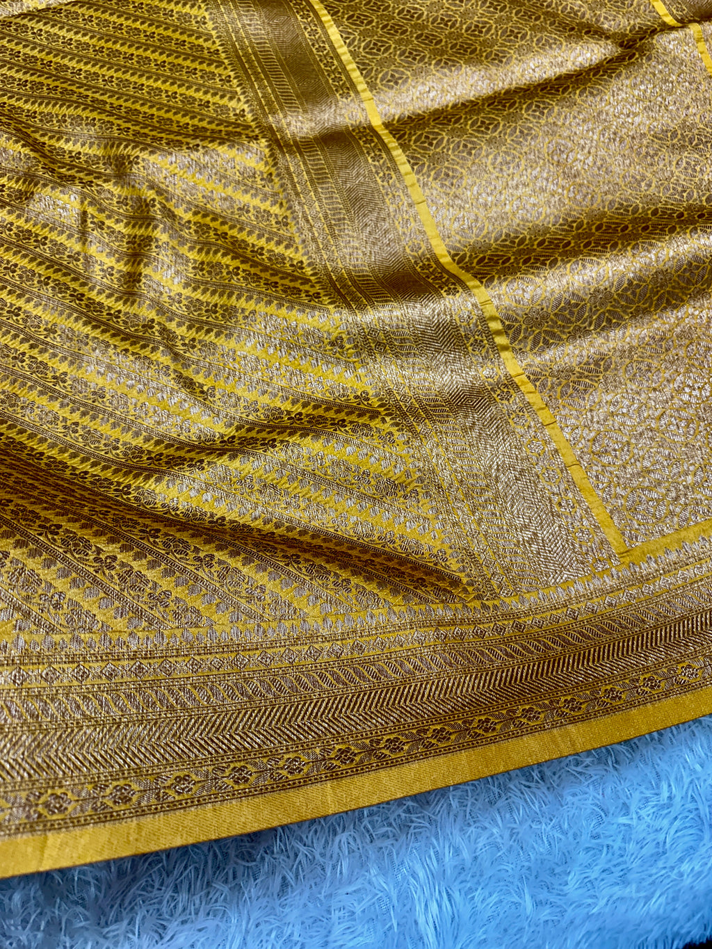 Banarasi Yellow Dupion Silk Saree with Embossed Antique Zari Weaving & Rich Antique Zari Pallu | STF57