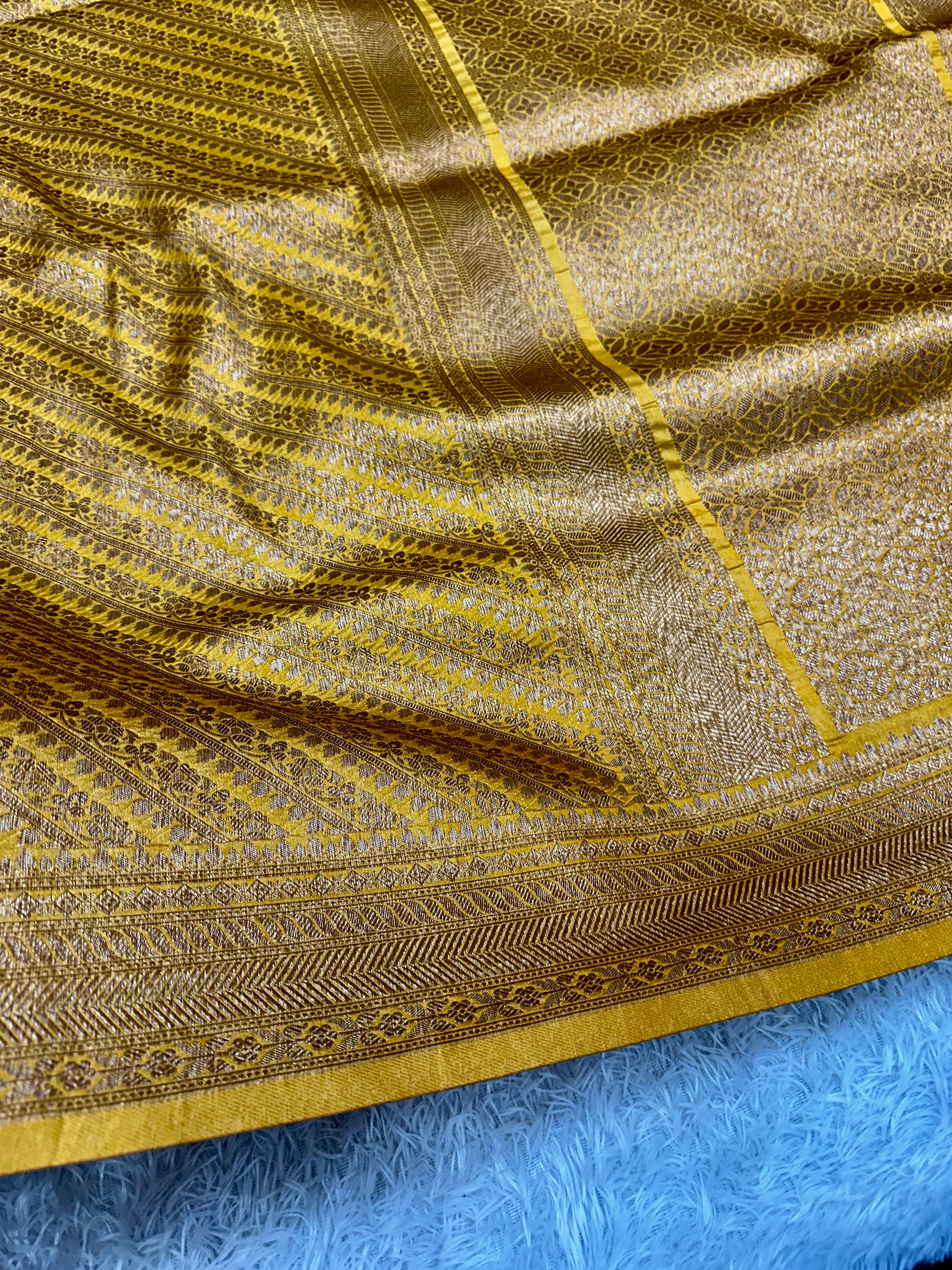 Banarasi Yellow Dupion Silk Saree with Embossed Antique Zari Weaving & Rich Antique Zari Pallu | STF57