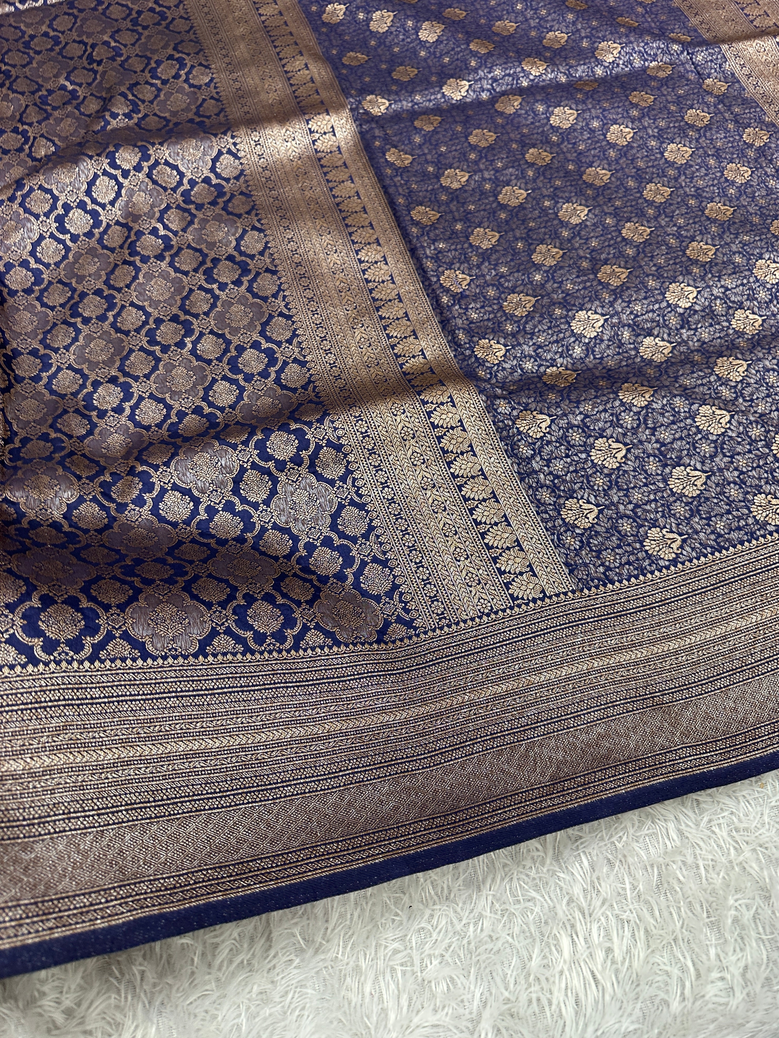 Navy blue Banarasi Dupion Silk Saree with Embossed Antique Zari Weaving & Rich Antique Zari Pallu | STF97