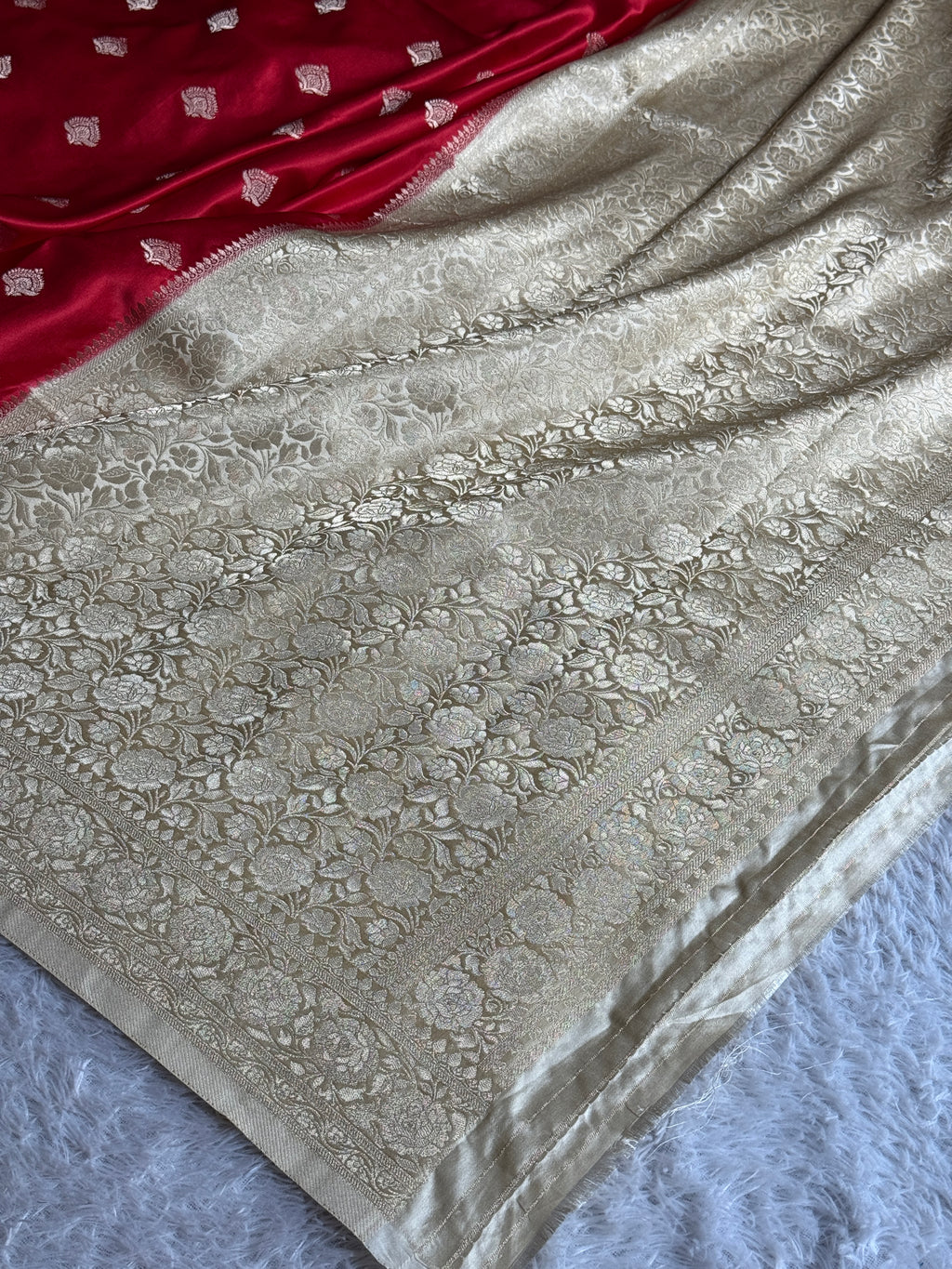 Royal Maroon Beige Mashru Kataan Silk Buta Woven Saree | MKS665