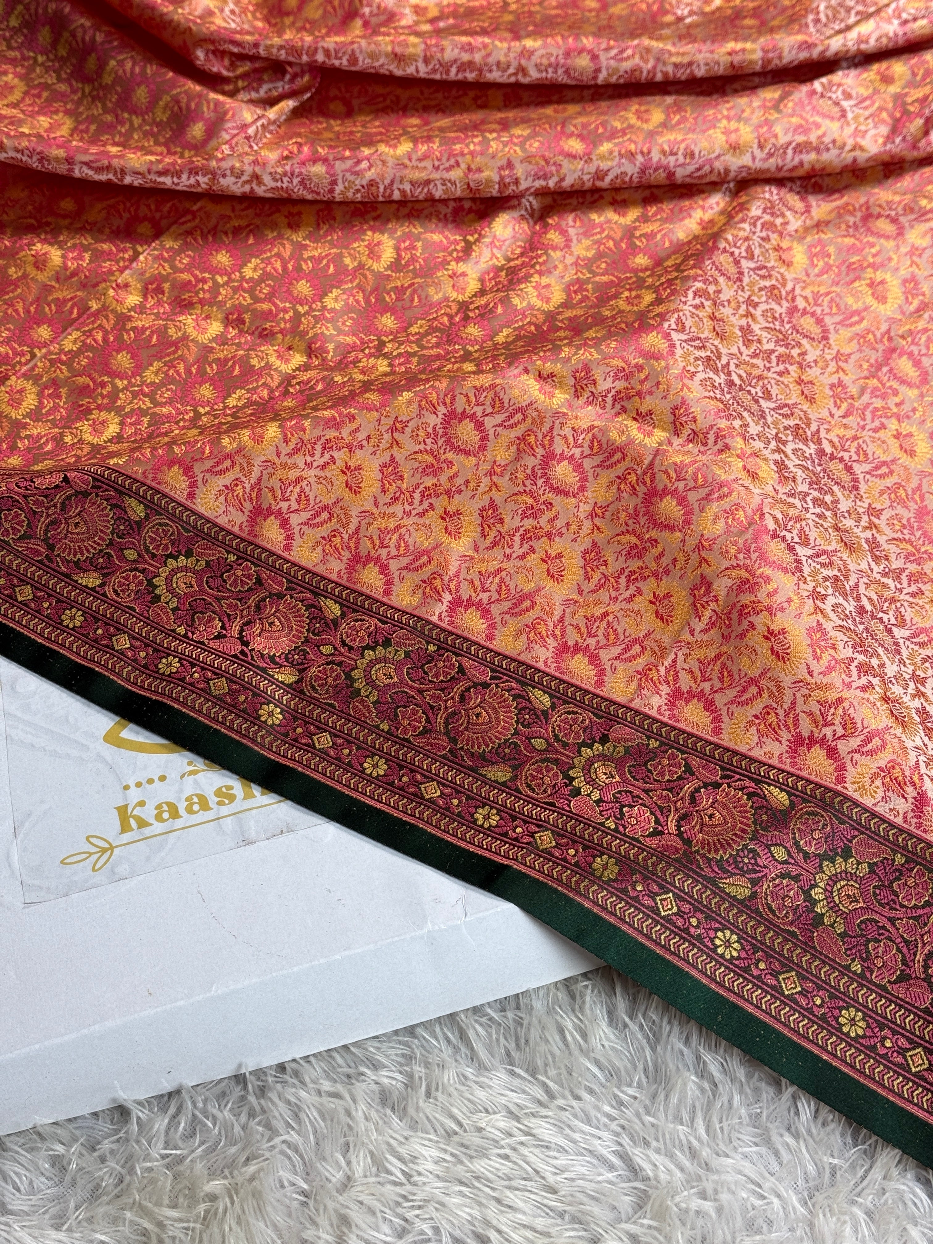 Beige with Green Banarasi Mashru Silk Saree with Jamawar Woven Design JMW11