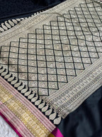 Black Mashru Silk Tanchoi Woven Saree with Multicolour Zari Border & Rich Zari Pallu | MKS851