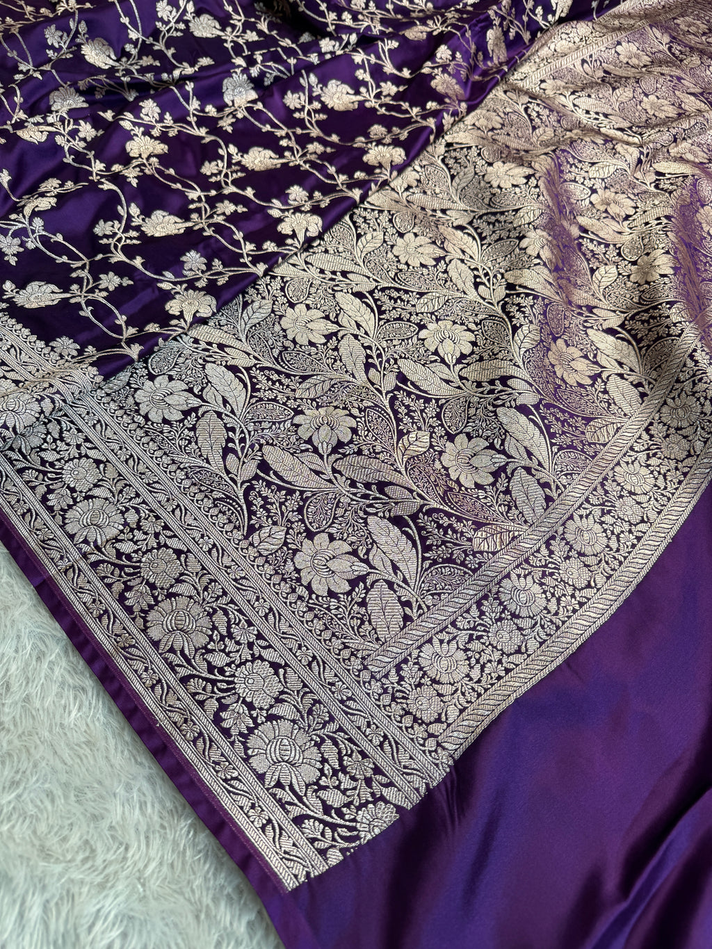 Violet Banarasi Mashru Silk Saree with Jacquard Woven Floral Jaal Design MKS076