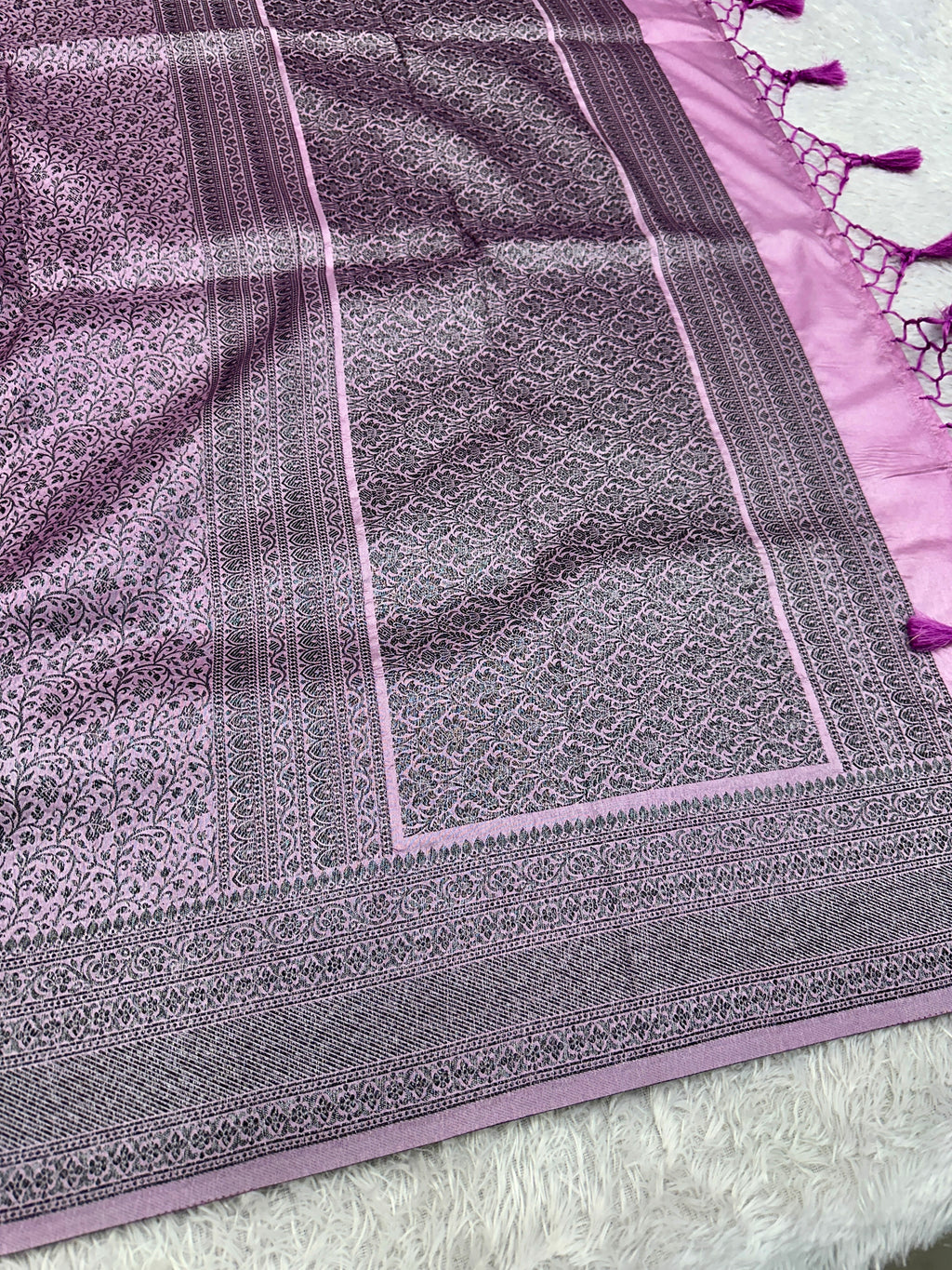 STF52 – Graceful Lavender Dupion Saree with All-Over Floral Woven Designs