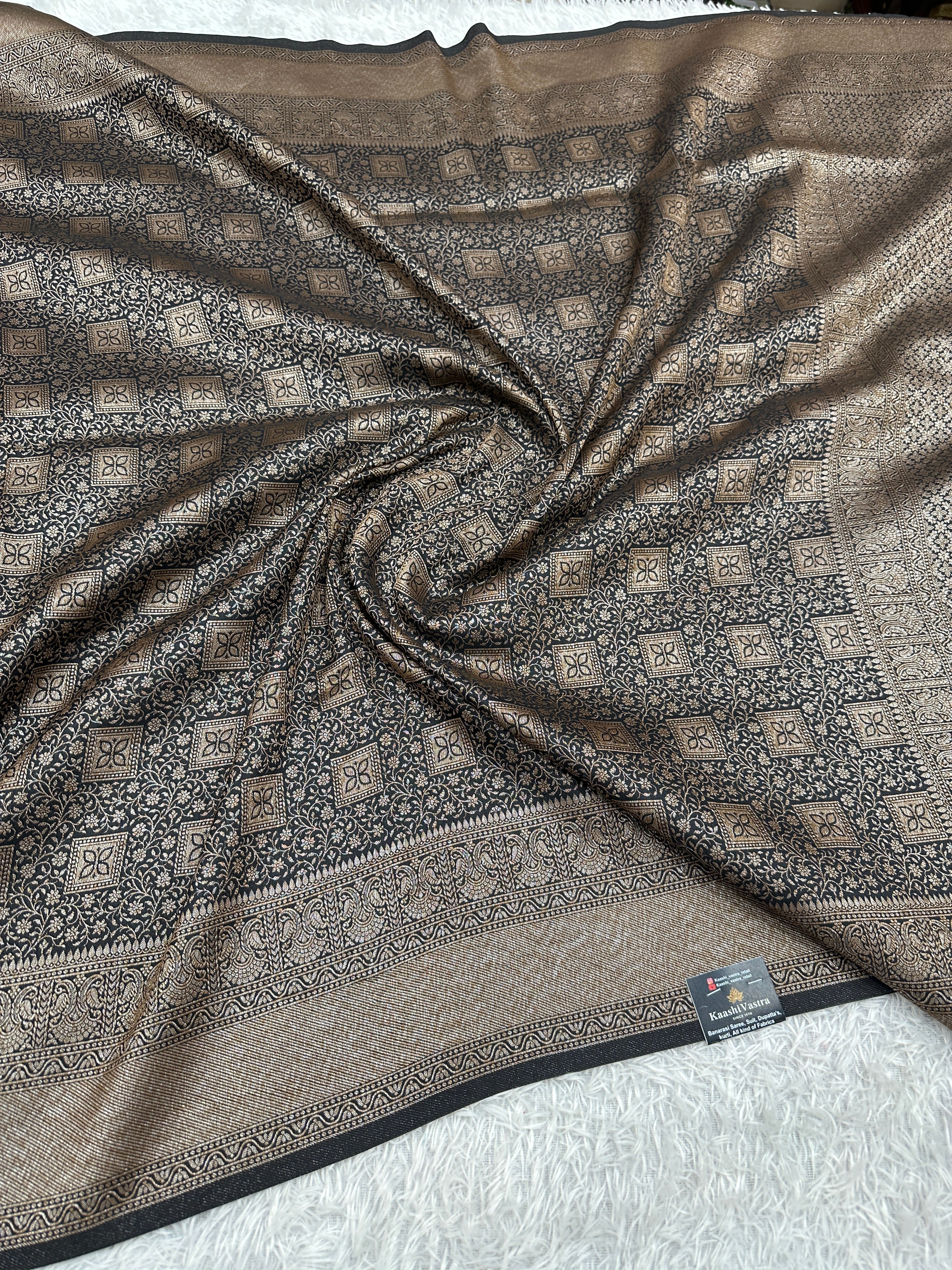 Black Banarasi Dupion Silk Saree with Embossed Antique Zari Weaving & Rich Antique Zari Pallu | STF101