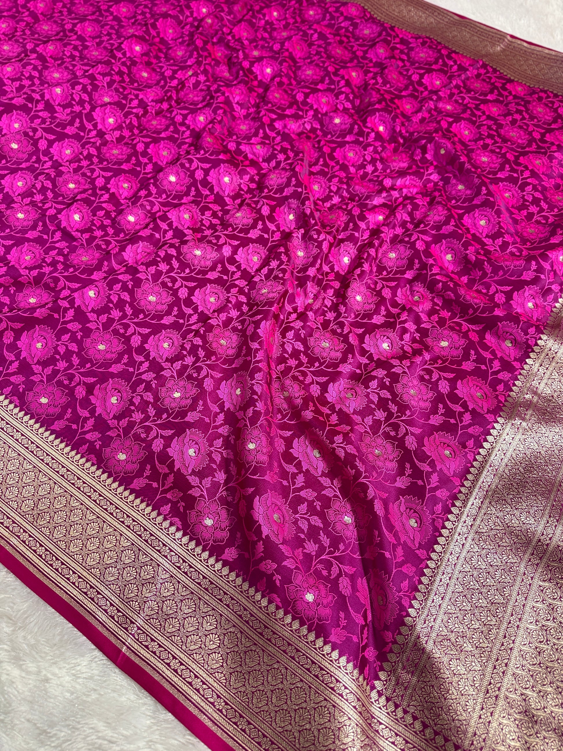 Rani Pink Banarasi Mashru Silk Saree with Dual Tone Tanchoi Jacquard Woven Design MKS095
