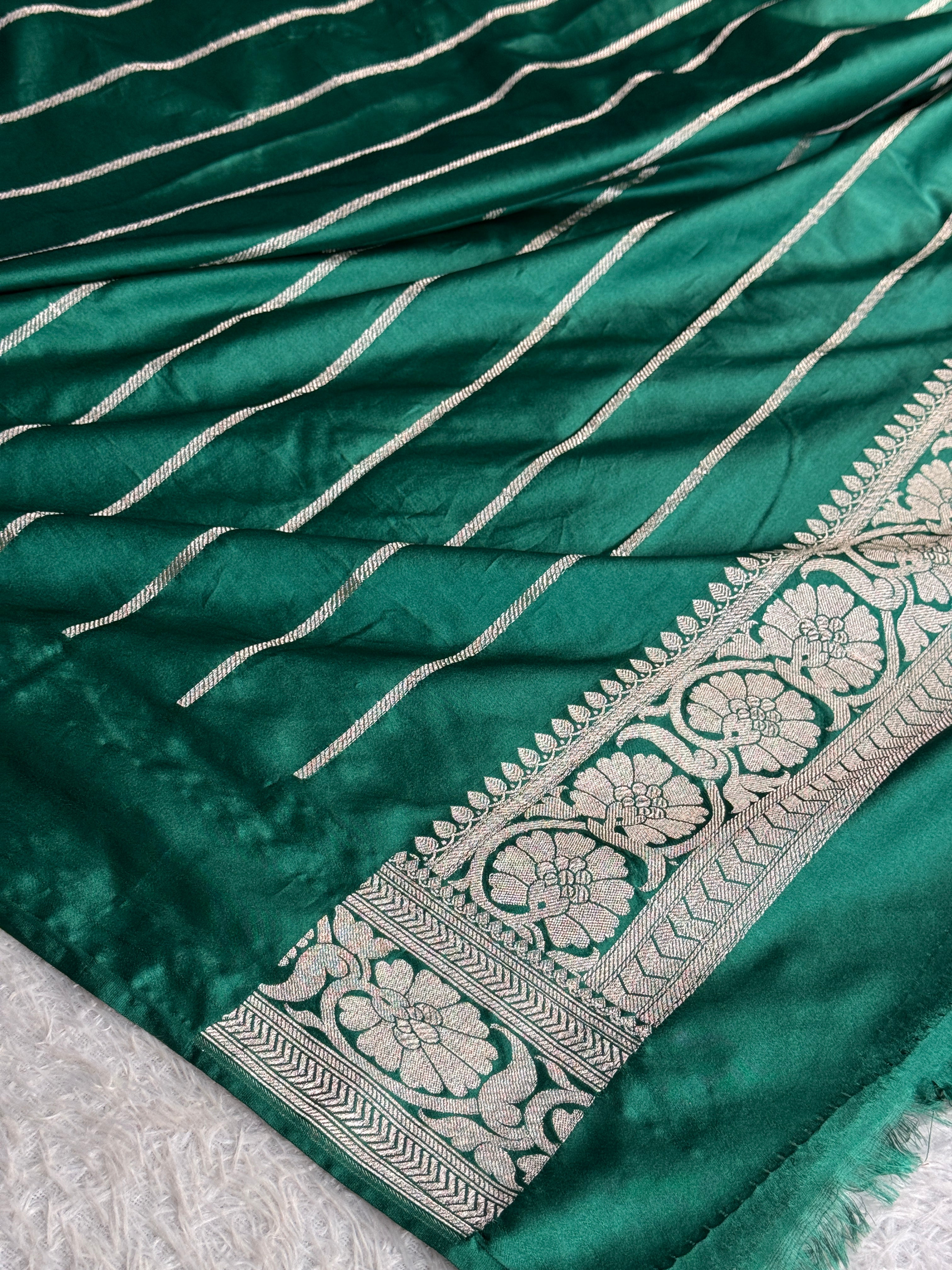 Sea Green Mashru Kataan Silk Banarasi Saree with Green Border & Rich Zari Pallu | MKS744