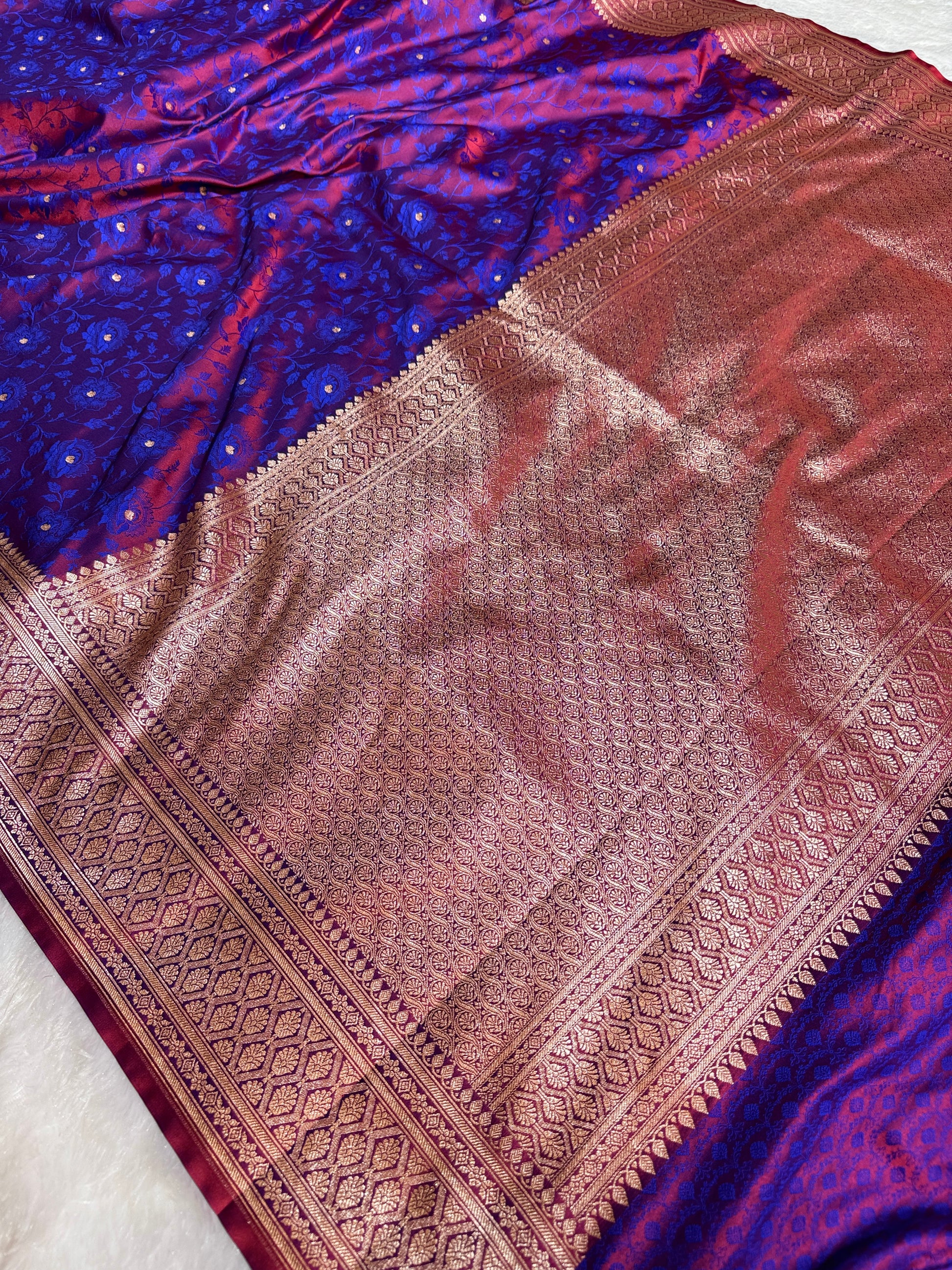 Blue Satin Mashru Silk Banarasi Saree with Dual Tone Tanchoi Pattern and Rupa-Sona Zari Work  MKS085
