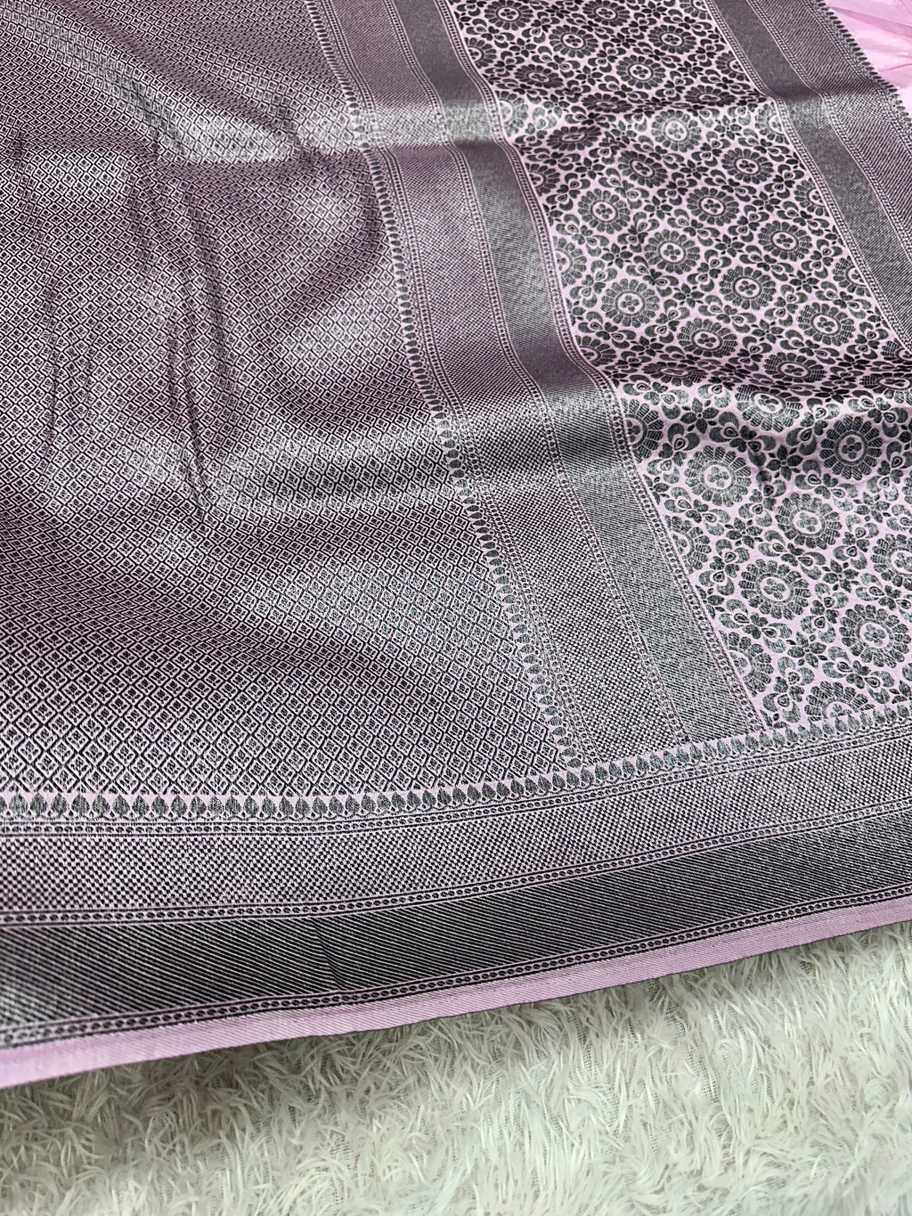 STF55 – Elegant Lavender Dupion Saree with Embossed Square Woven Designs
