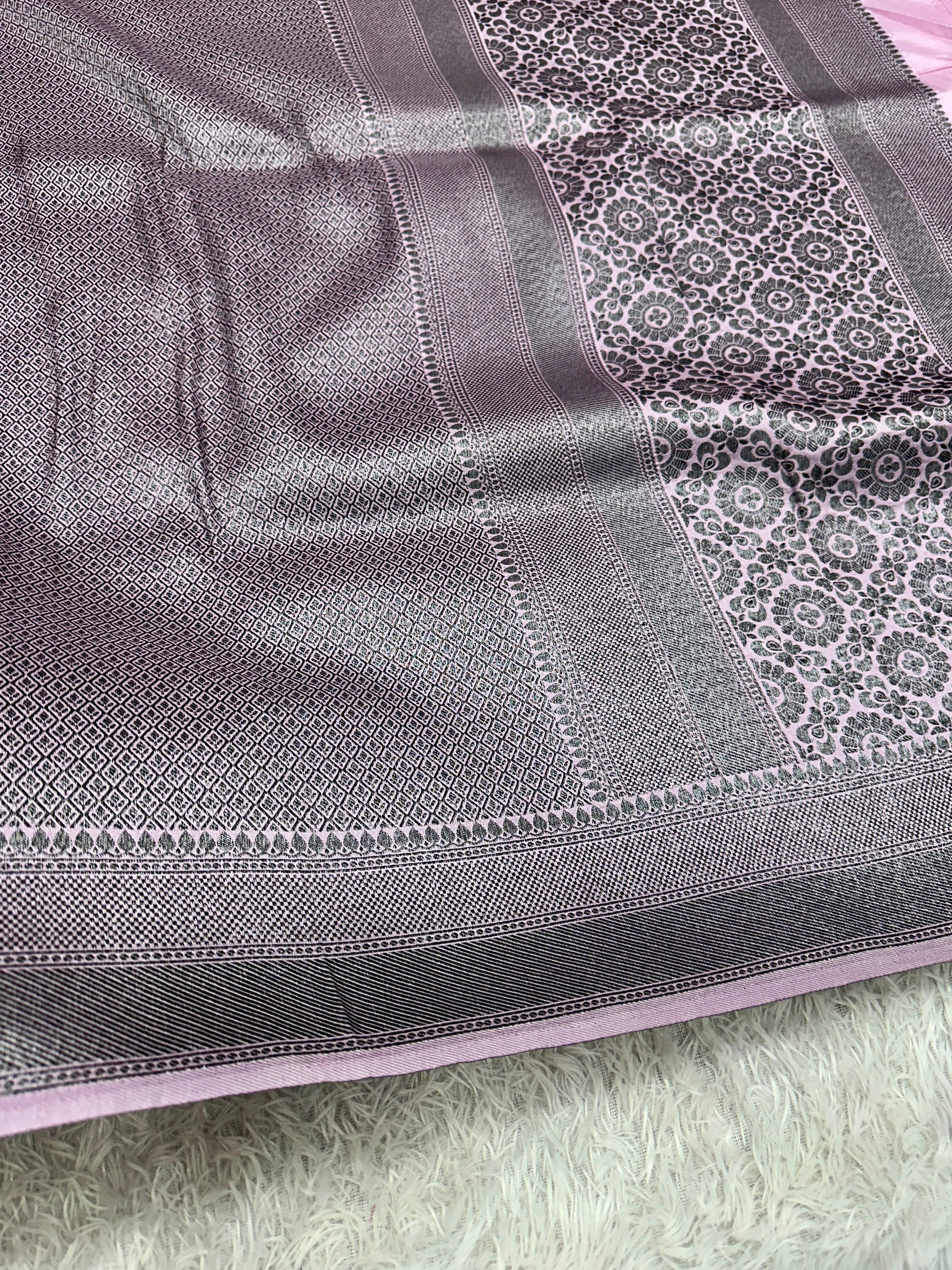 STF55 – Elegant Lavender Dupion Saree with Embossed Square Woven Designs
