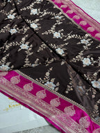 Chocolate Brown Mashru Silk Saree with Silver Zari Meena Jaal & Rani Pink Contrast MKS345