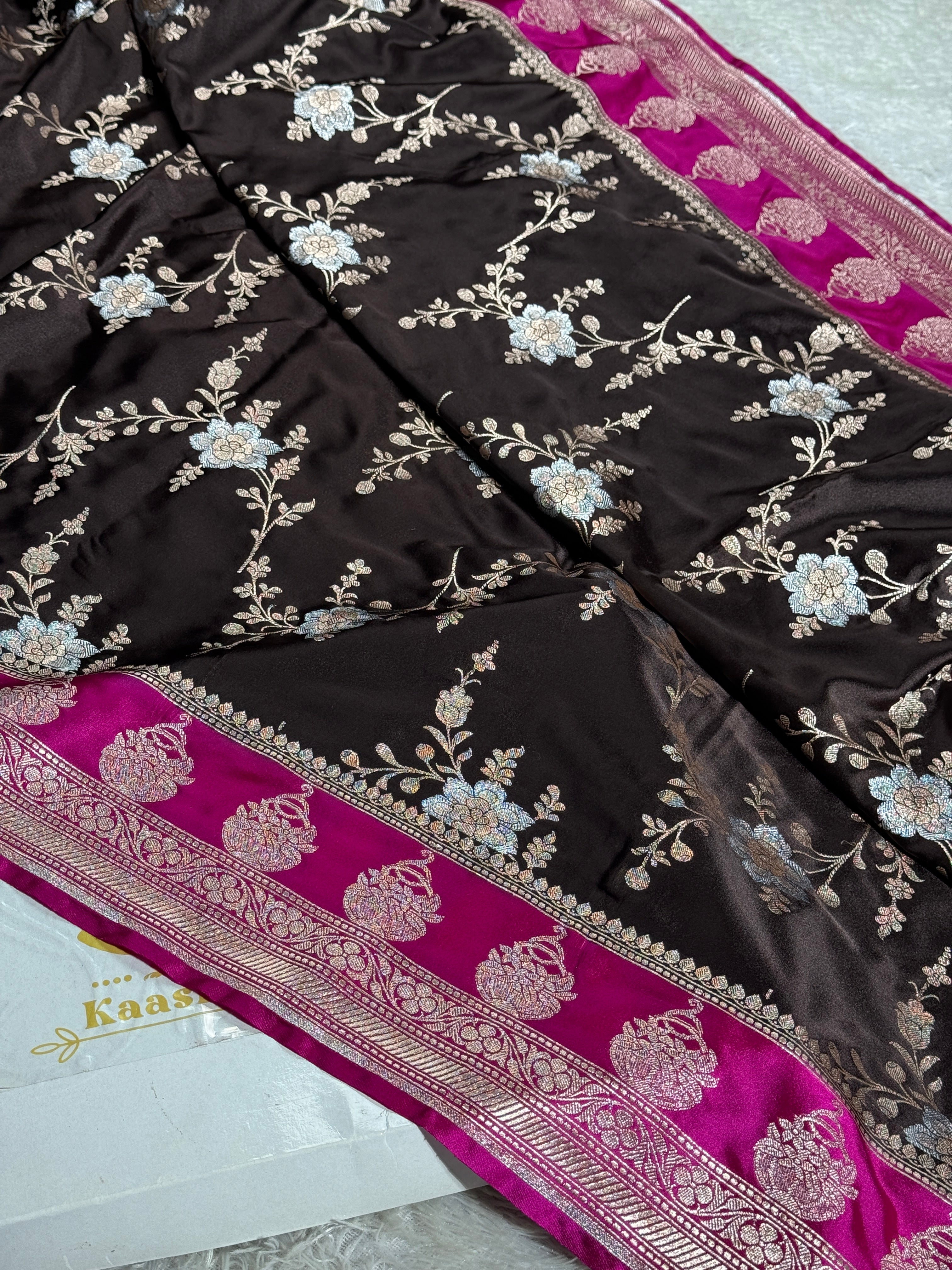 Chocolate Brown Mashru Silk Saree with Silver Zari Meena Jaal & Rani Pink Contrast MKS345