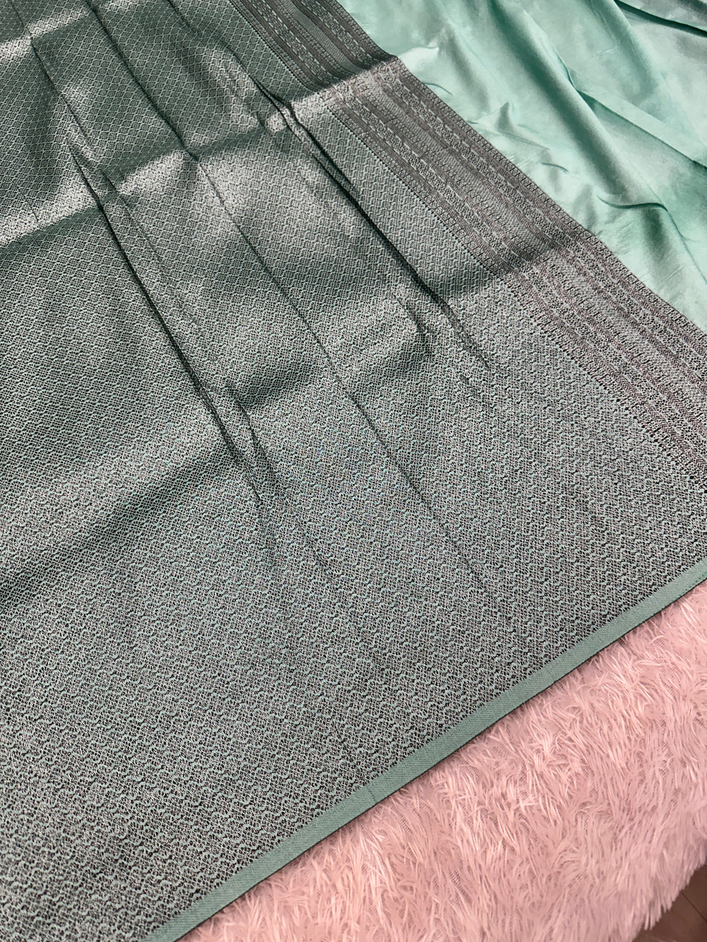 STF51 – Charming Sea Green Dupion Saree with All-Over Floral Woven Designs