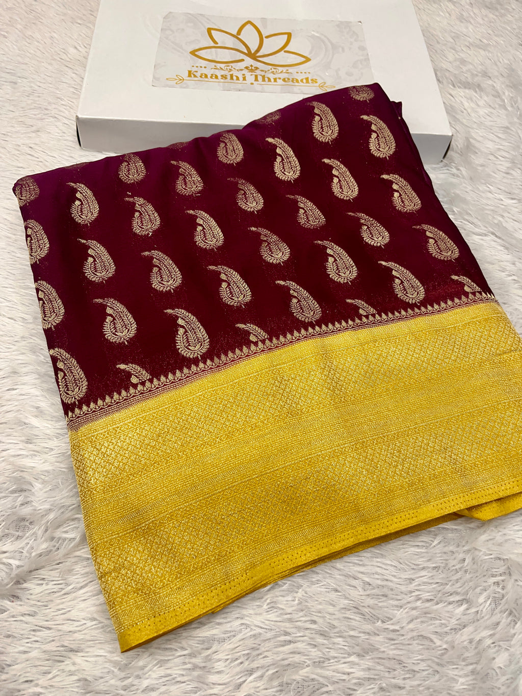 Chinon Silk Karry  Buta  Design Wine with yellow color  Saree CN07